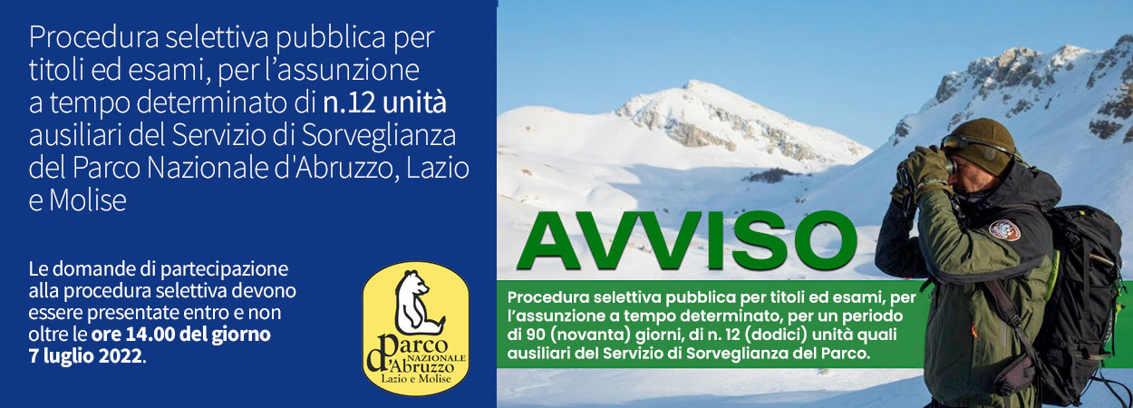 Procedura selettiva pubblica per titoli ed esami, per l’assunzione a tempo determinato di n.12 unità ausiliari del Servizio di Sorveglianza del Parco Nazionale d'Abruzzo, Lazio e Molise