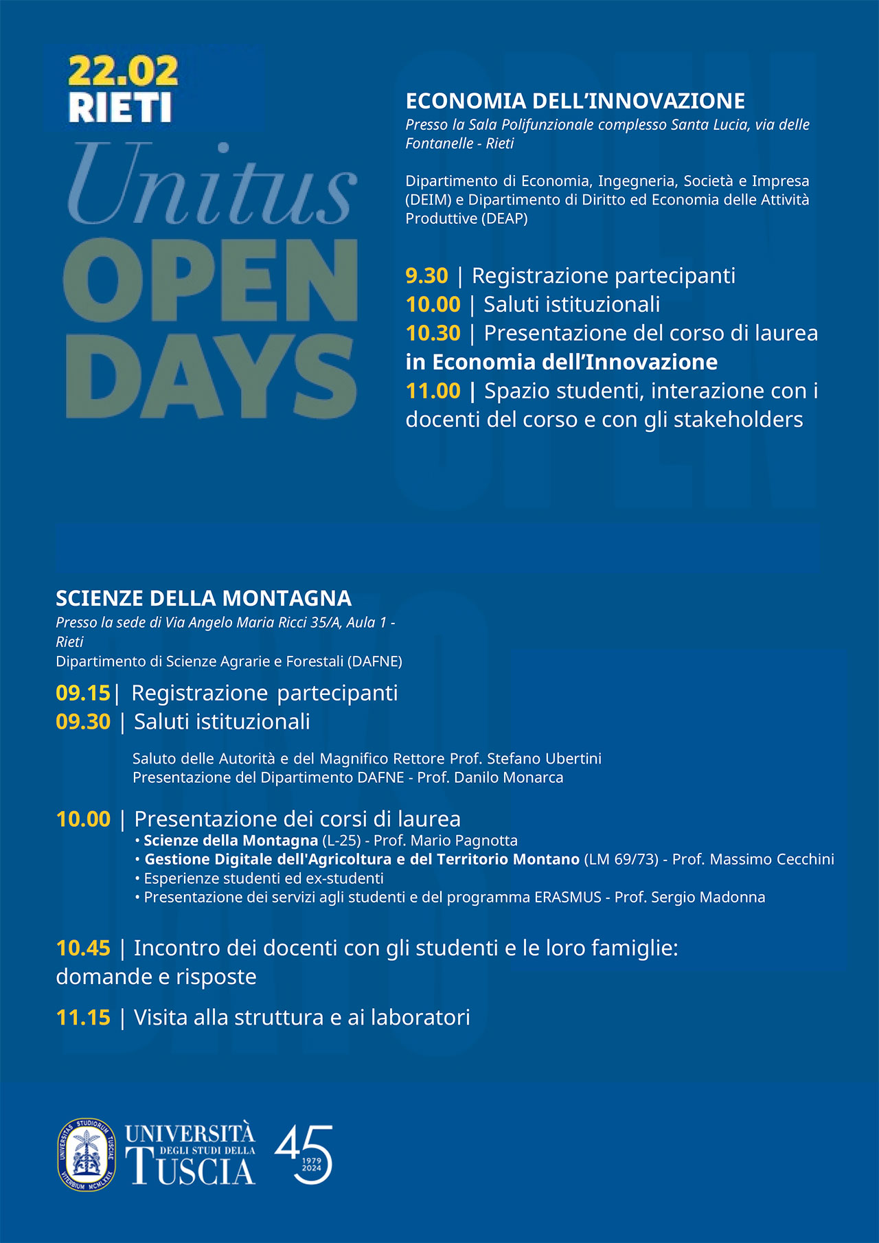 Giovedì 22 febbraio Open Day Unitus: Studiare la montagna a Rieti