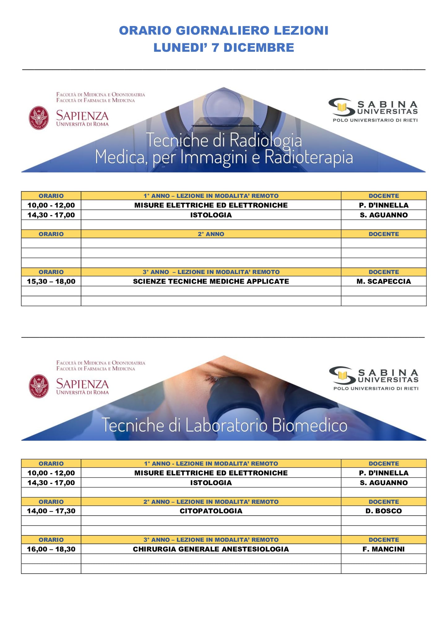 Professioni Sanitarie: orario lezioni di lunedì 7 dicembre