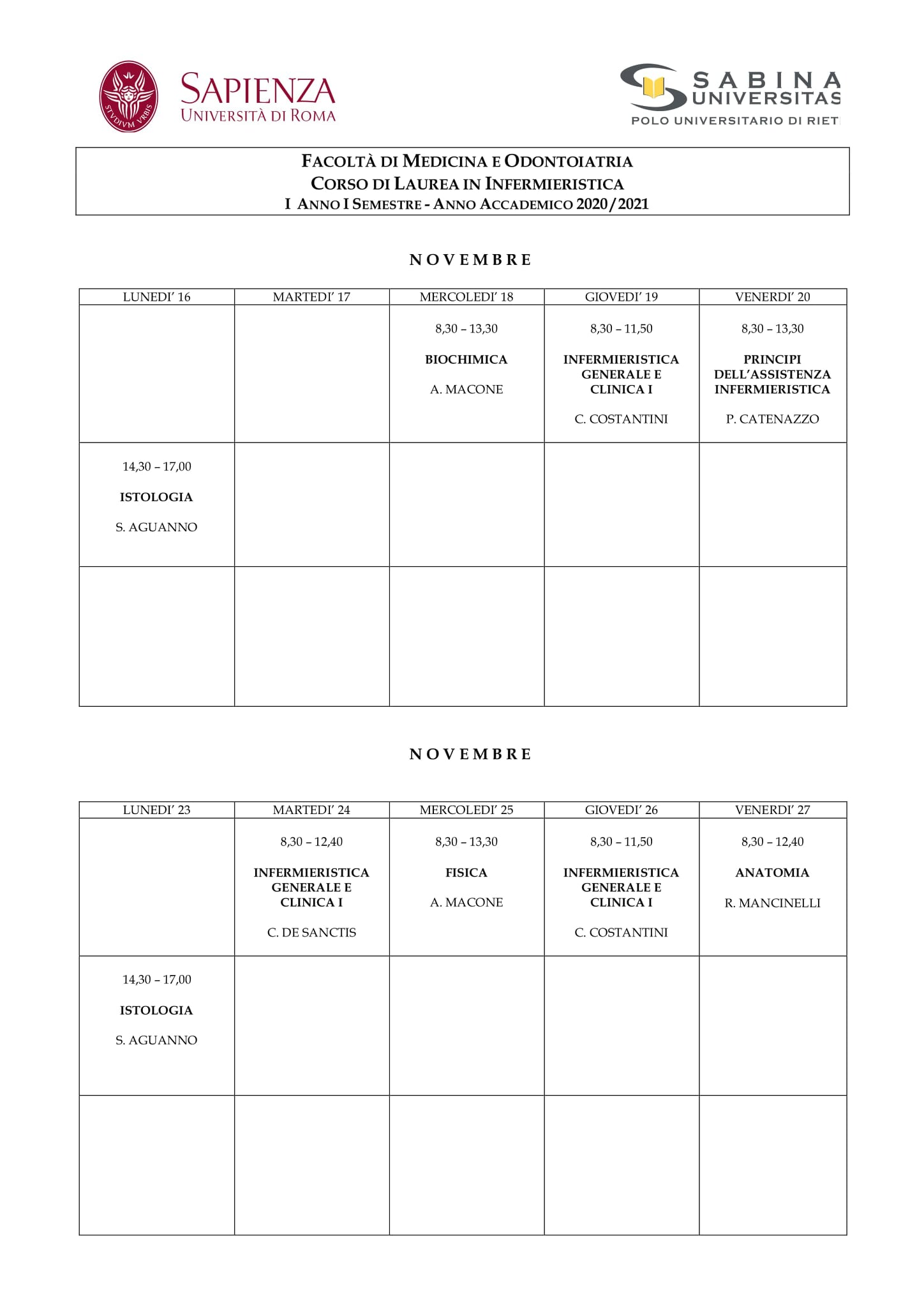 Infermieristica | Aggiornamento calendario lezioni dal 16/11/2020 al 27/11/2020