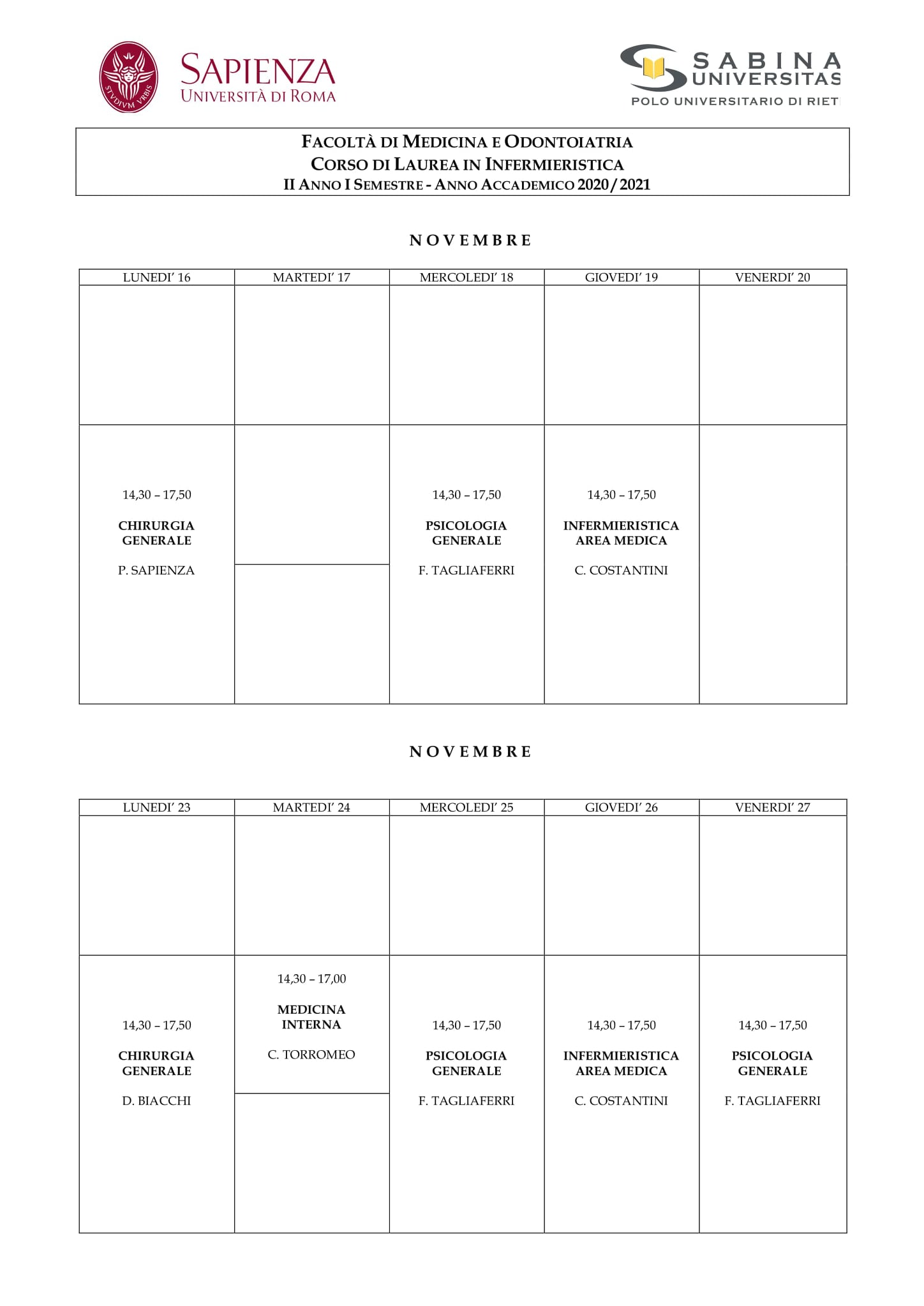 Infermieristica | Aggiornamento calendario lezioni dal 16/11/2020 al 27/11/2020