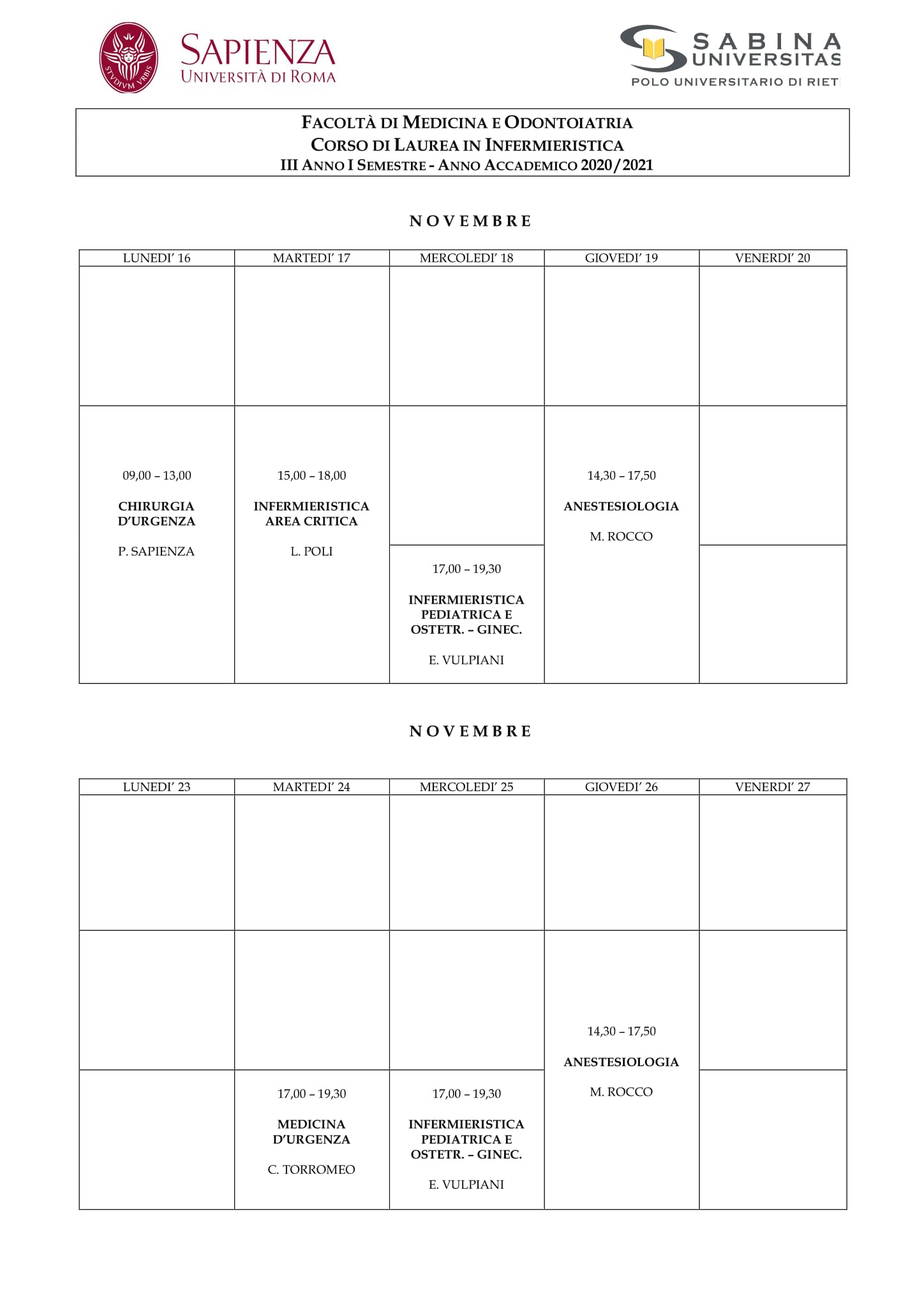 Infermieristica | Aggiornamento calendario lezioni dal 16/11/2020 al 27/11/2020