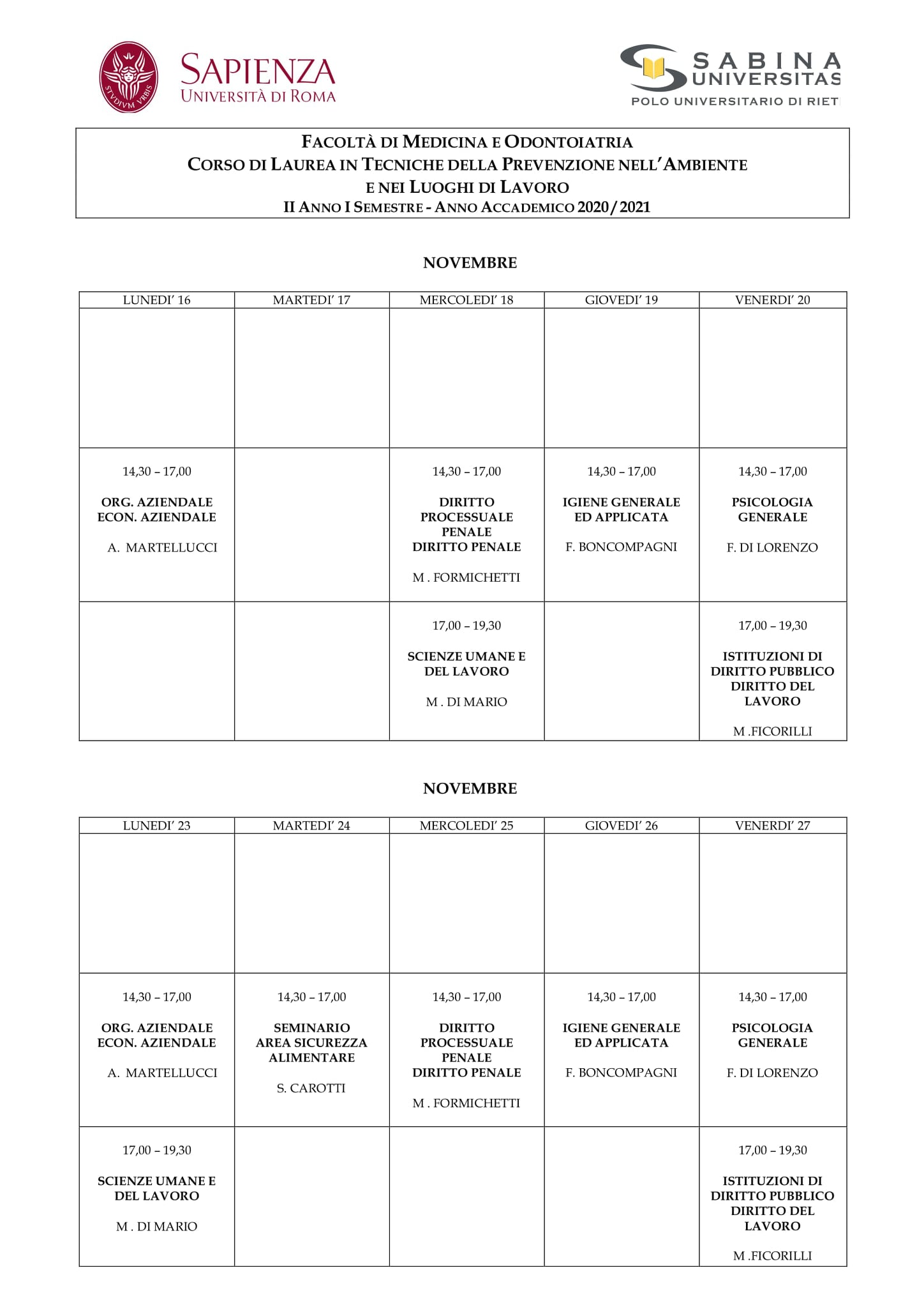 Tecniche della Prevenzione | Aggiornamento calendario lezioni dal 16/11/2020 al 27/11/2020