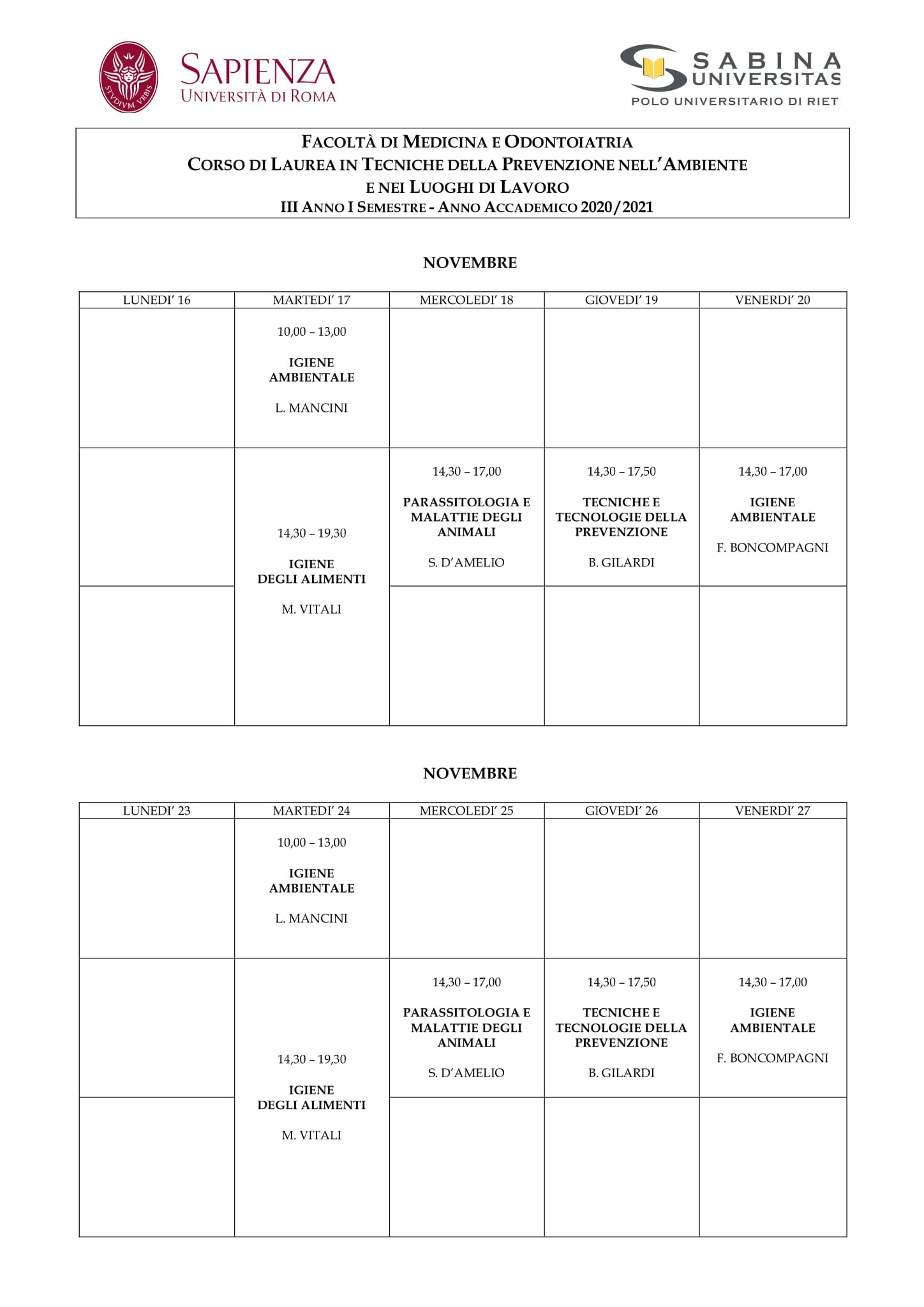 Tecniche della Prevenzione | Aggiornamento calendario lezioni dal 16/11/2020 al 27/11/2020
