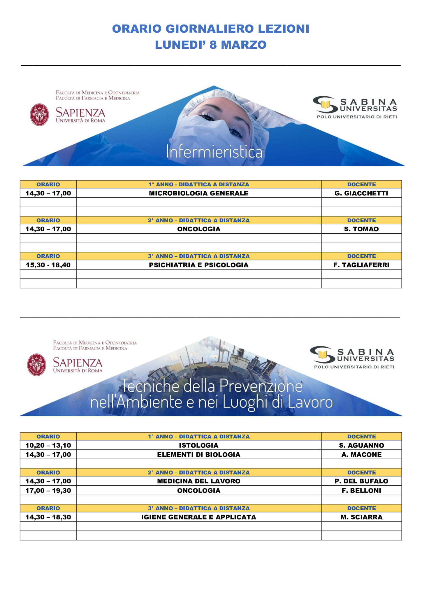 Professioni Sanitarie: orario lezioni di lunedì 8 marzo