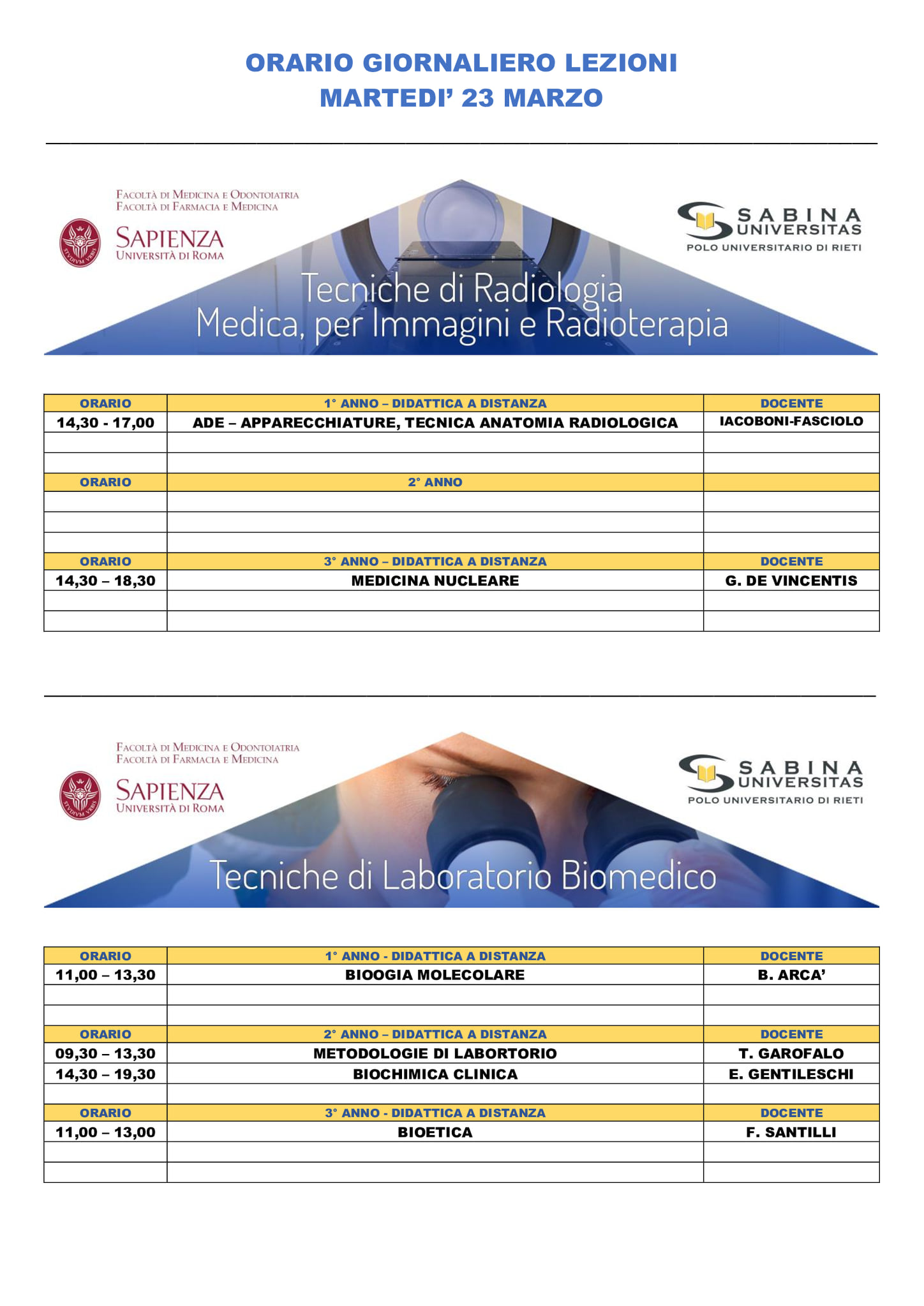 Professioni Sanitarie: orario lezioni di martedì 23 marzo