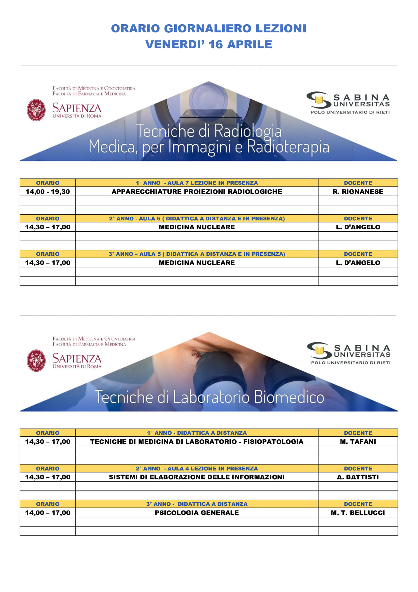 Professioni Sanitarie: orario lezioni di venerdì 16 aprile