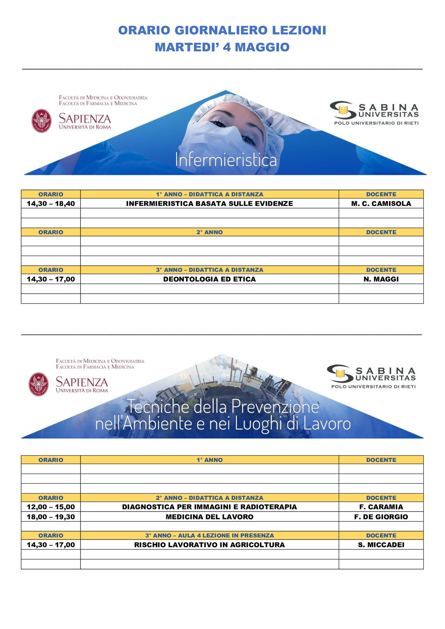 Professioni Sanitarie: orario lezioni di martedì 4 maggio