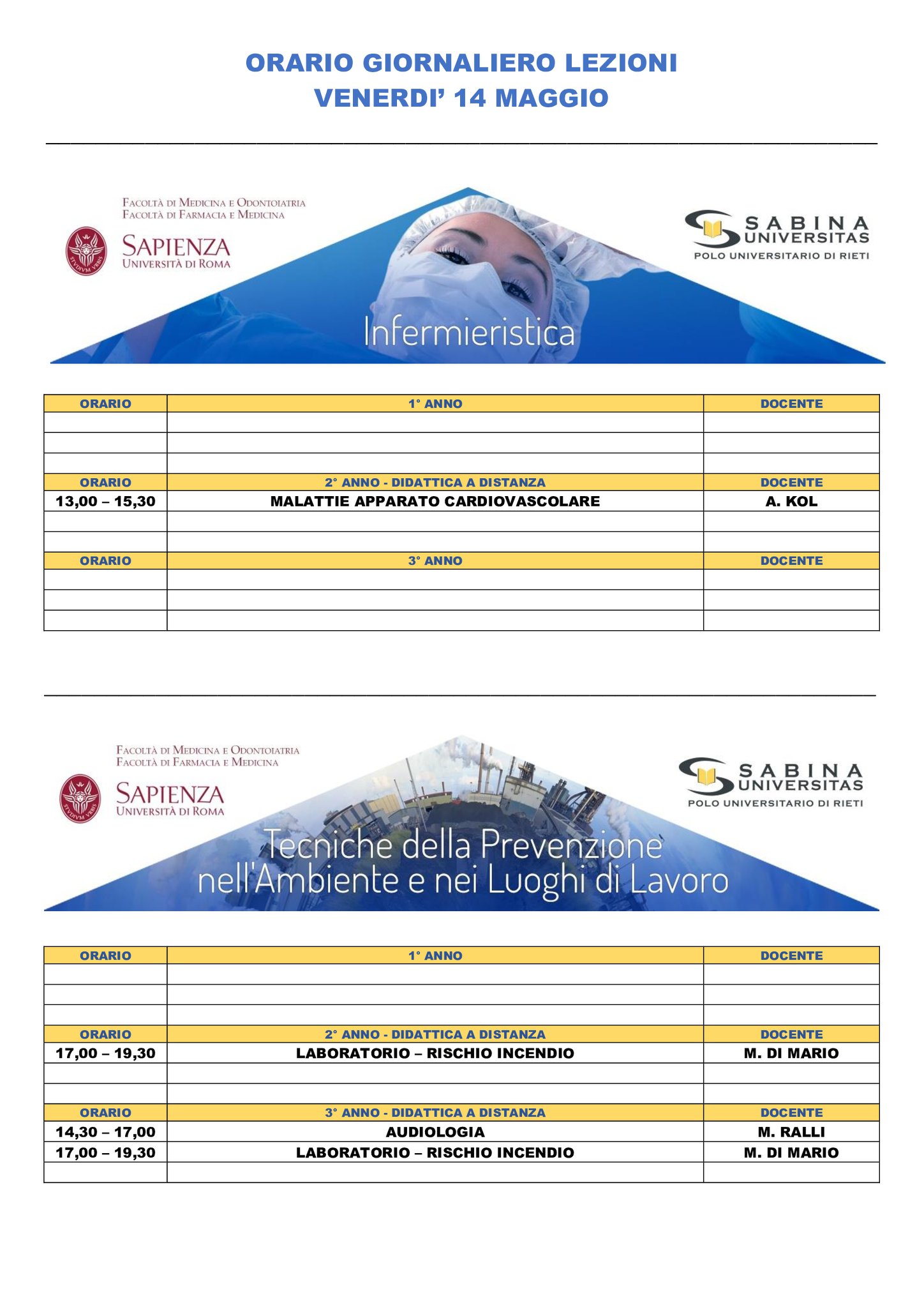 Professioni Sanitarie: orario lezioni di venerdì 14 maggio