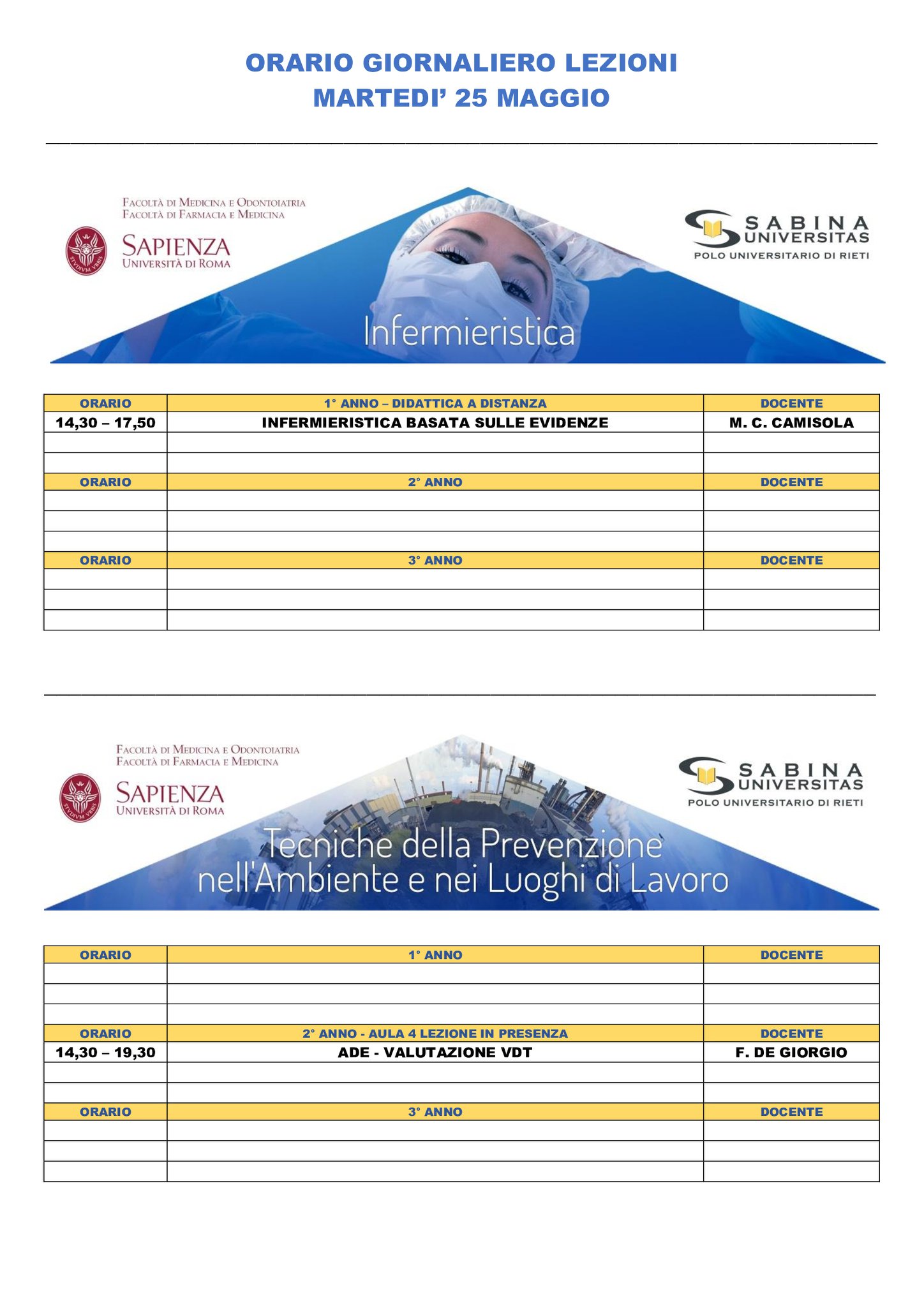 Professioni Sanitarie: orario lezioni di martedì 25 maggio