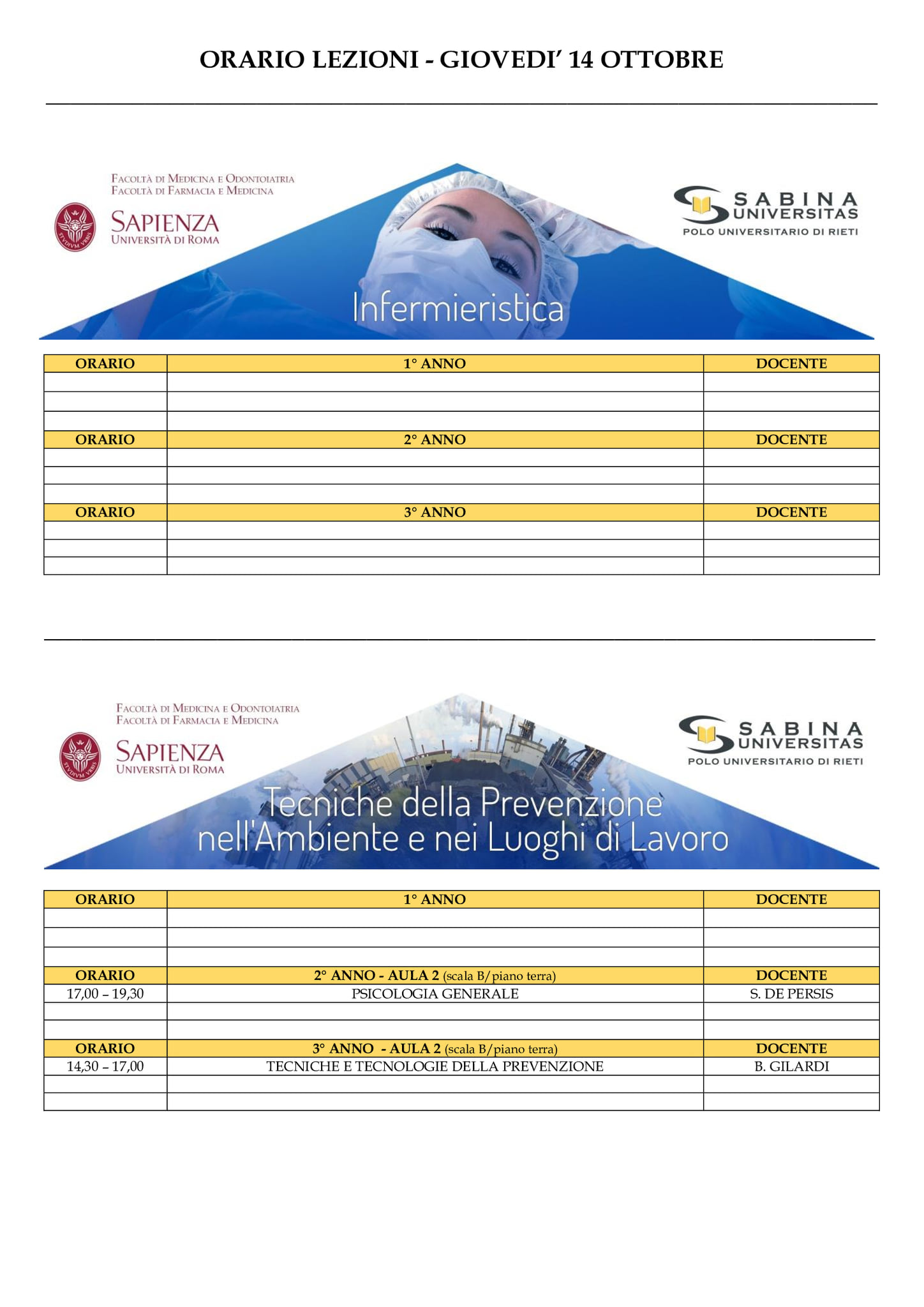 Professioni Sanitarie: orario lezioni di giovedì 14 ottobre