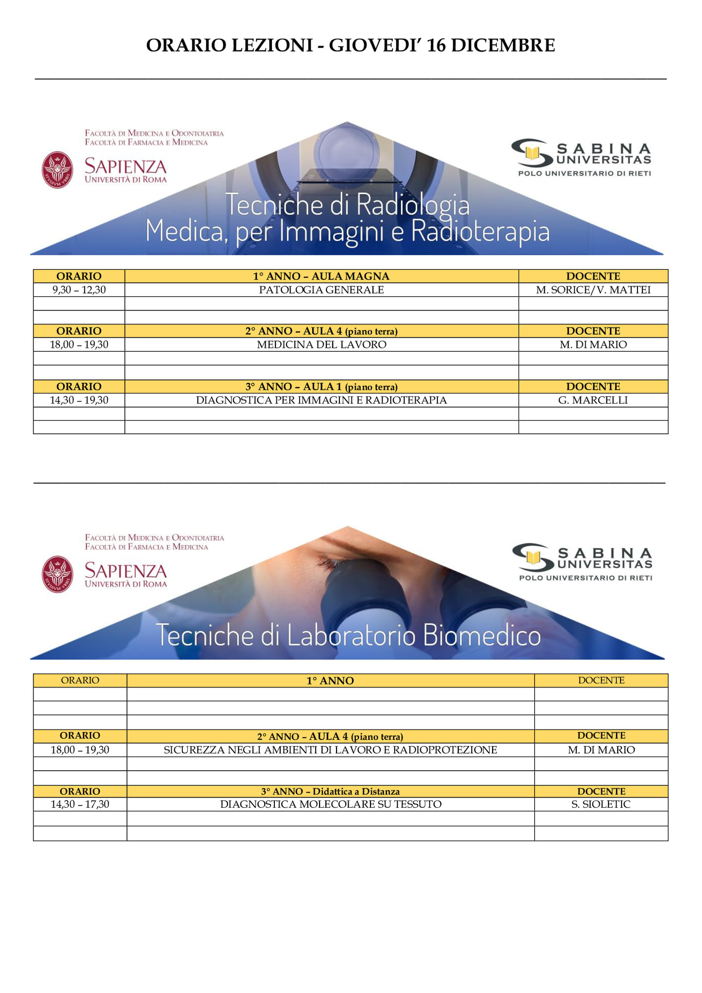 Professioni Sanitarie: orario lezioni di giovedì 16 dicembre