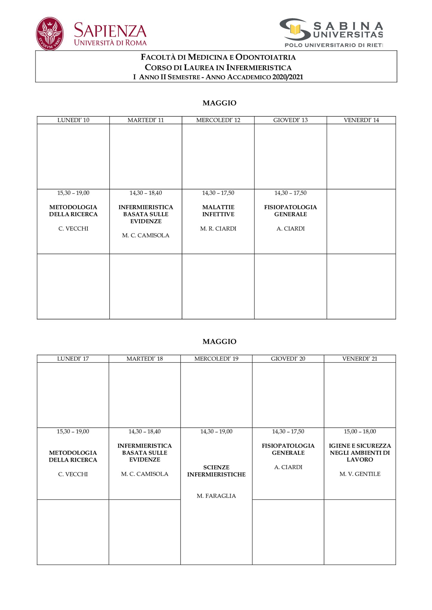 Infermieristica | Aggiornamento calendario lezioni 10/05/2021 al 4/06/2021