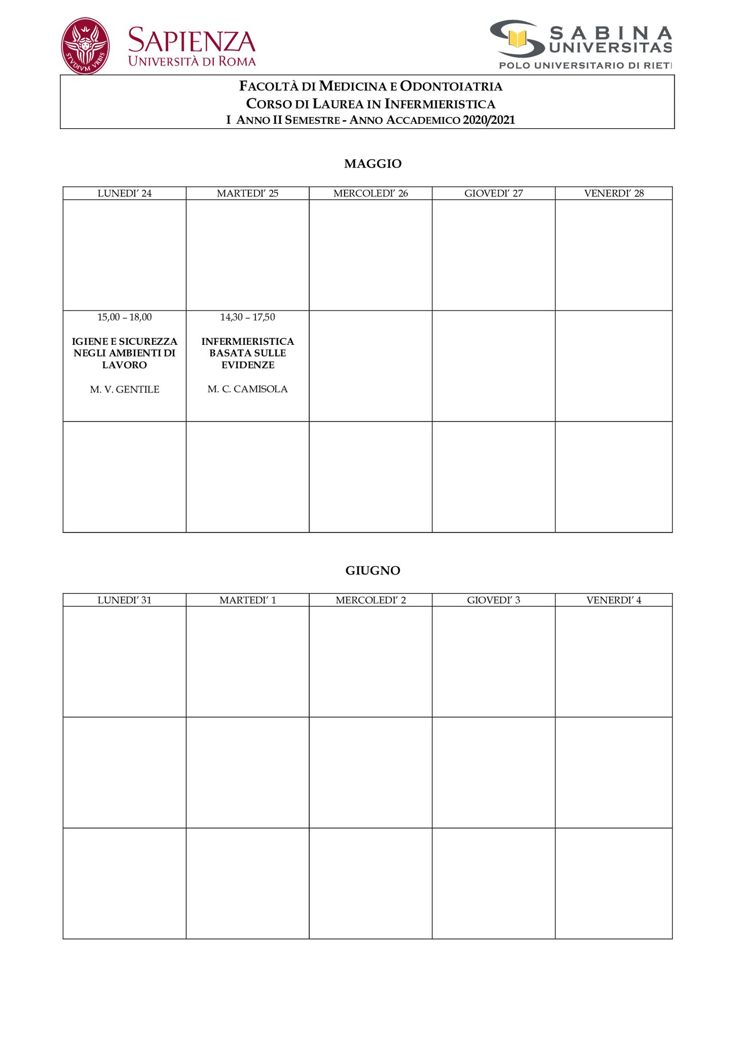 Infermieristica | Aggiornamento calendario lezioni 10/05/2021 al 4/06/2021