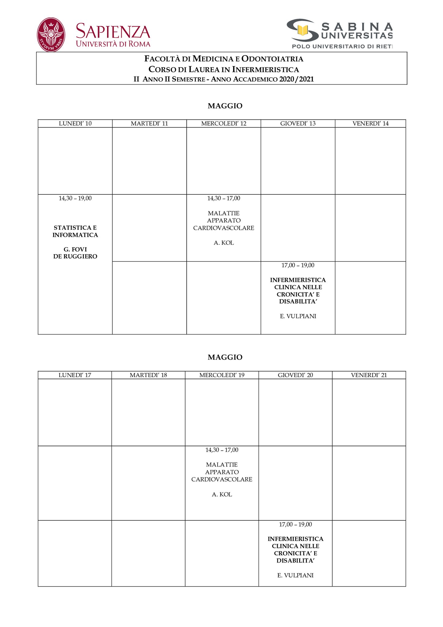 Infermieristica | Aggiornamento calendario lezioni 10/05/2021 al 4/06/2021