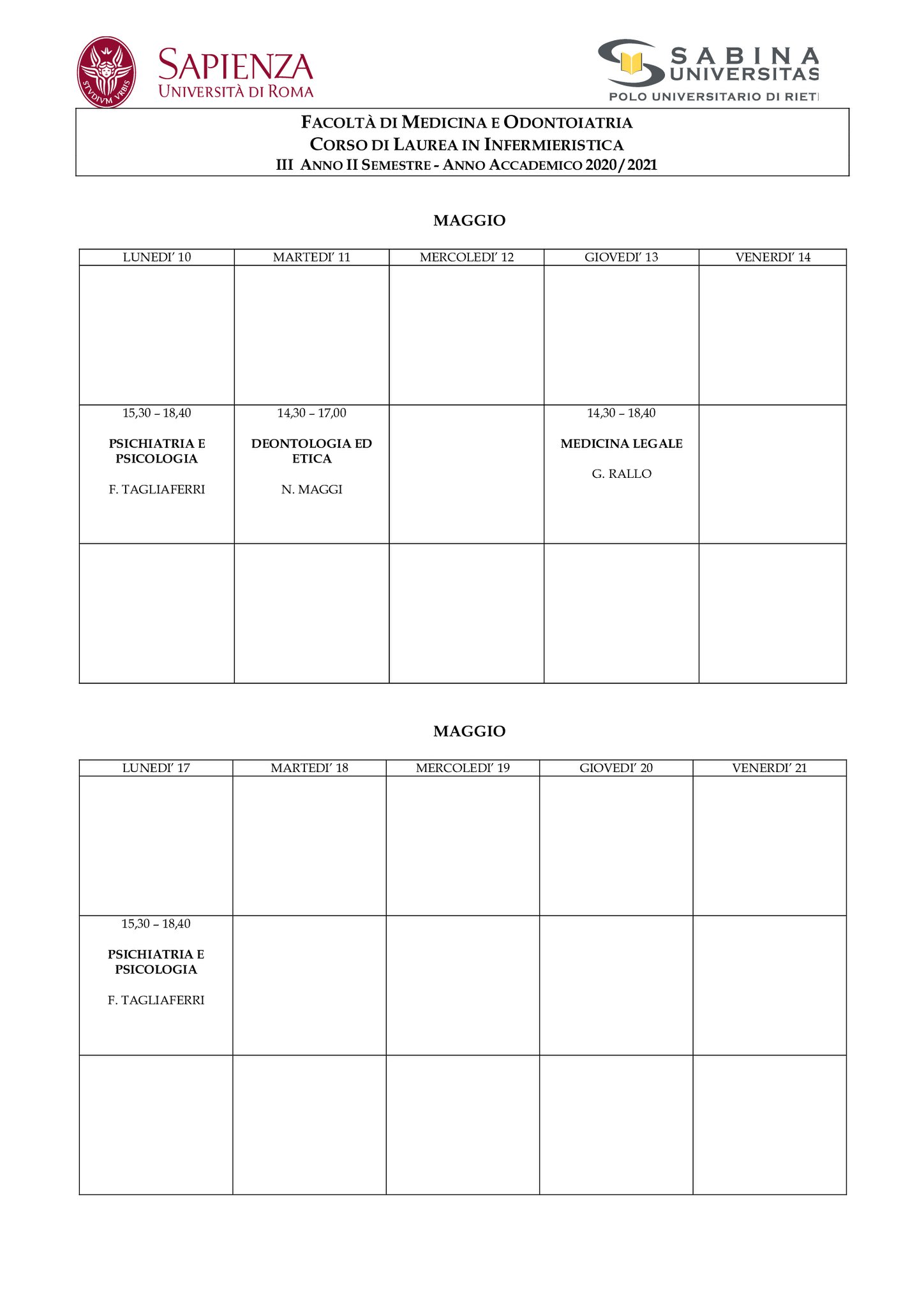Infermieristica | Aggiornamento calendario lezioni 10/05/2021 al 4/06/2021
