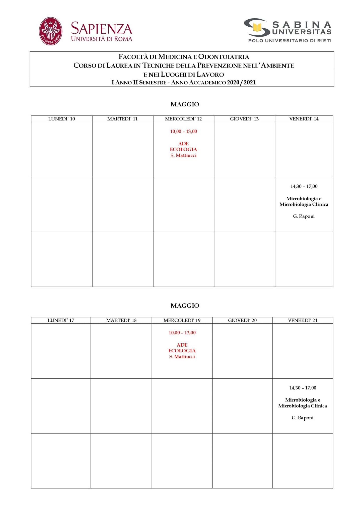 Tecniche della Prevenzione | Aggiornamento calendario lezioni 10/05/2021 al 4/06/2021