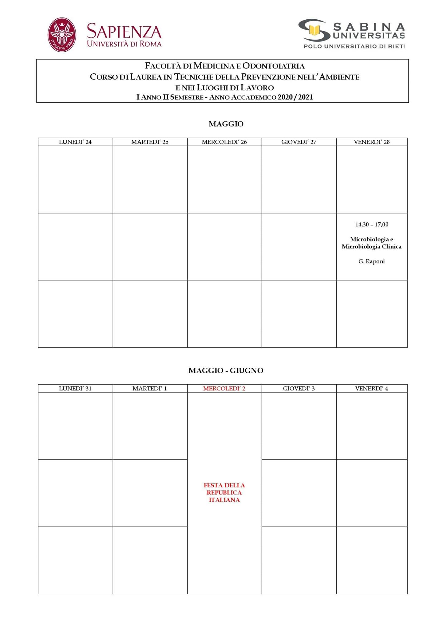Tecniche della Prevenzione | Aggiornamento calendario lezioni 10/05/2021 al 4/06/2021