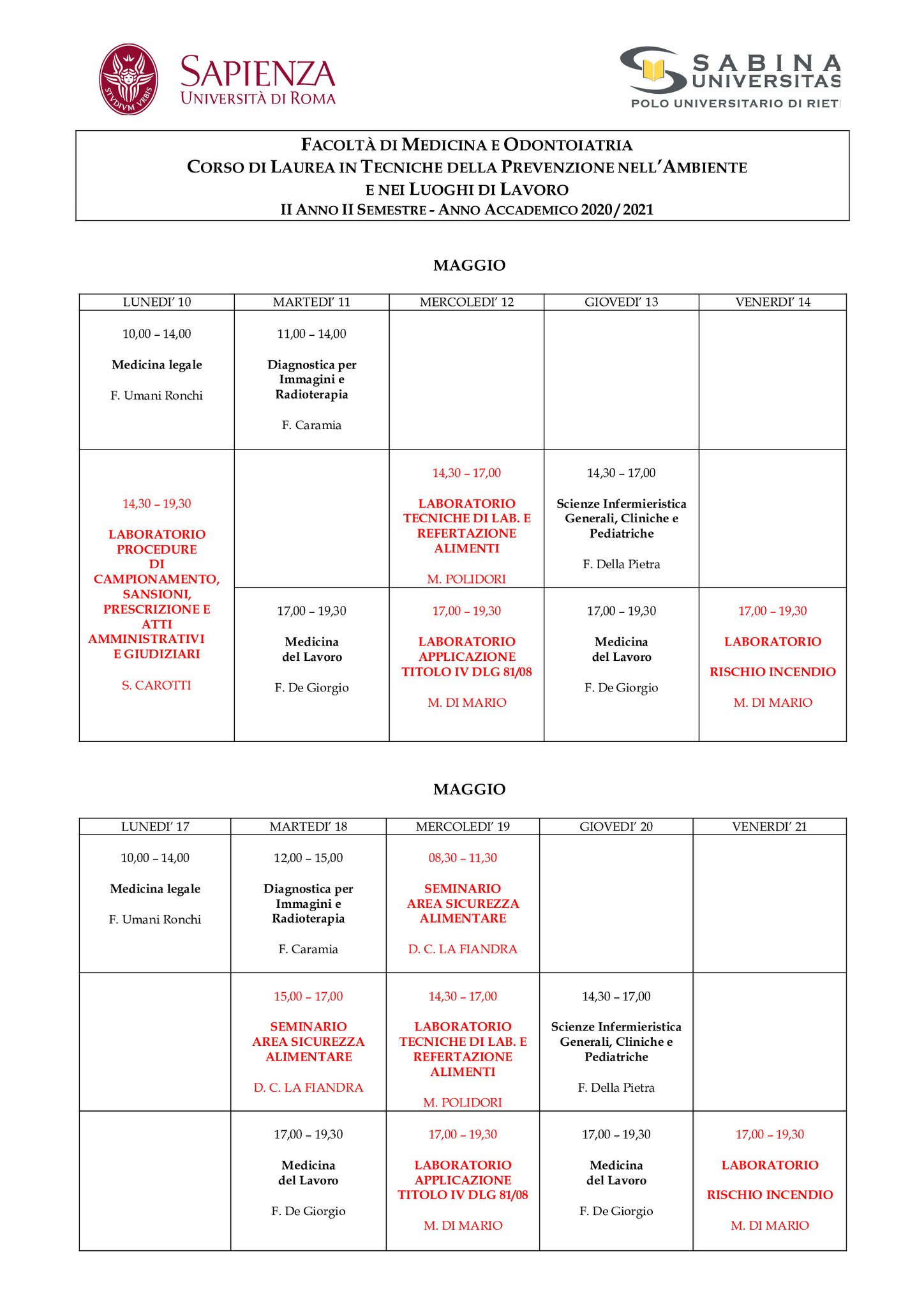 Tecniche della Prevenzione | Aggiornamento calendario lezioni 10/05/2021 al 4/06/2021