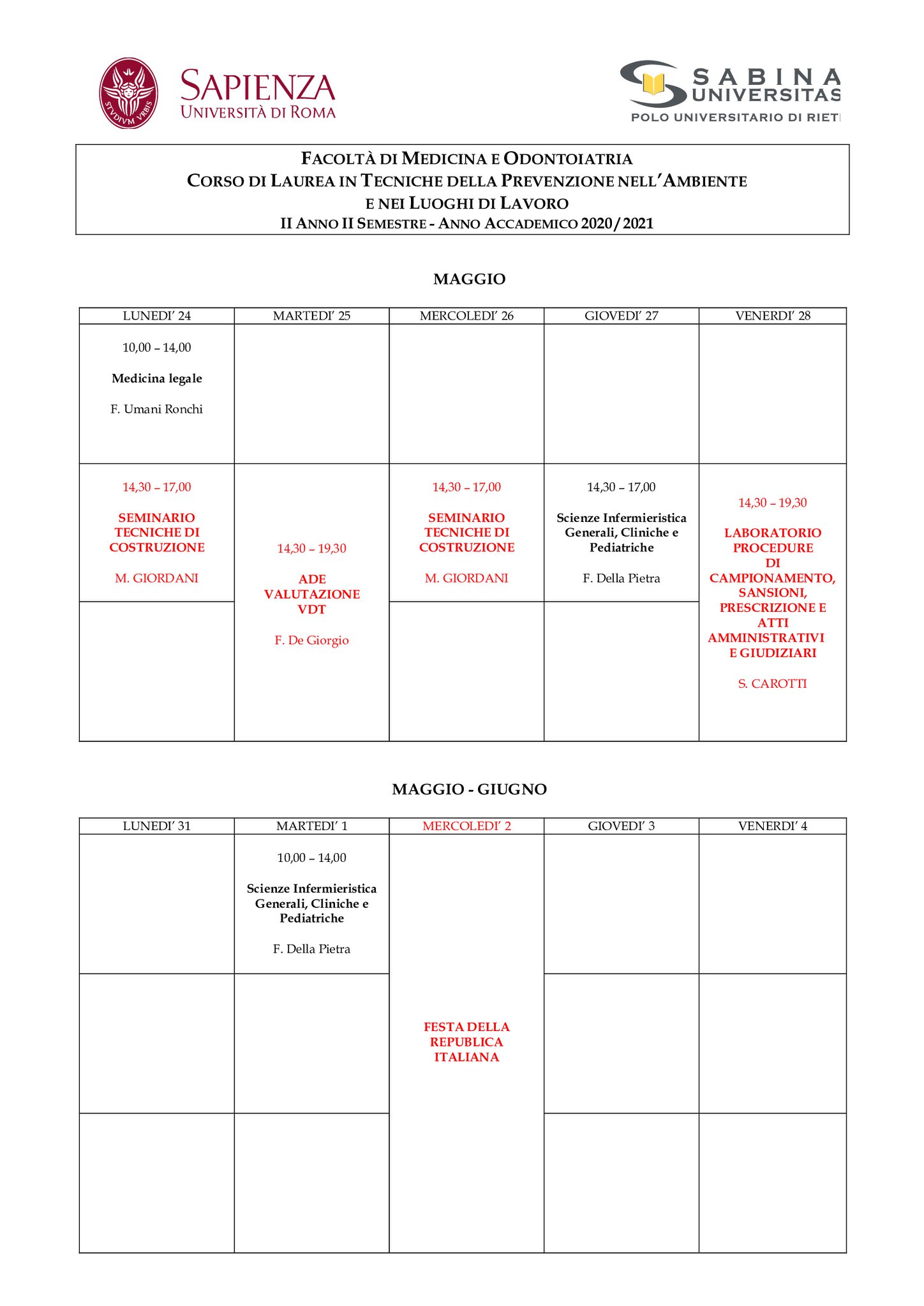 Tecniche della Prevenzione | Aggiornamento calendario lezioni 10/05/2021 al 4/06/2021