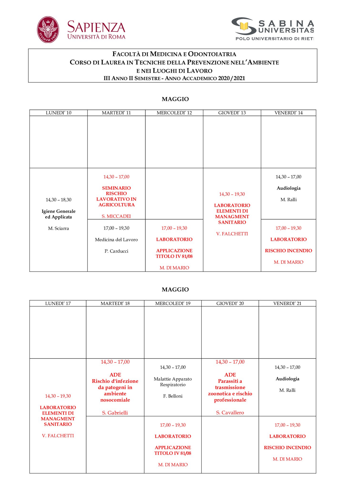 Tecniche della Prevenzione | Aggiornamento calendario lezioni 10/05/2021 al 4/06/2021