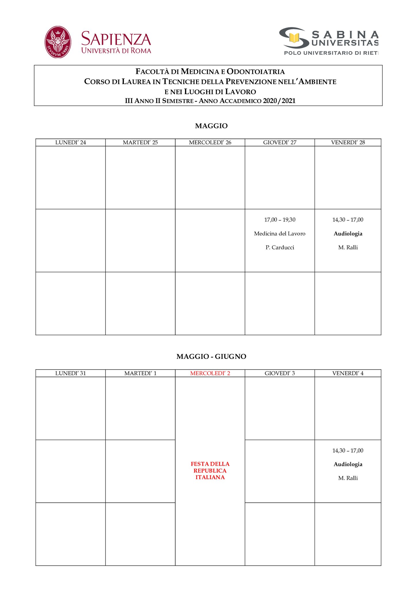 Tecniche della Prevenzione | Aggiornamento calendario lezioni 10/05/2021 al 4/06/2021