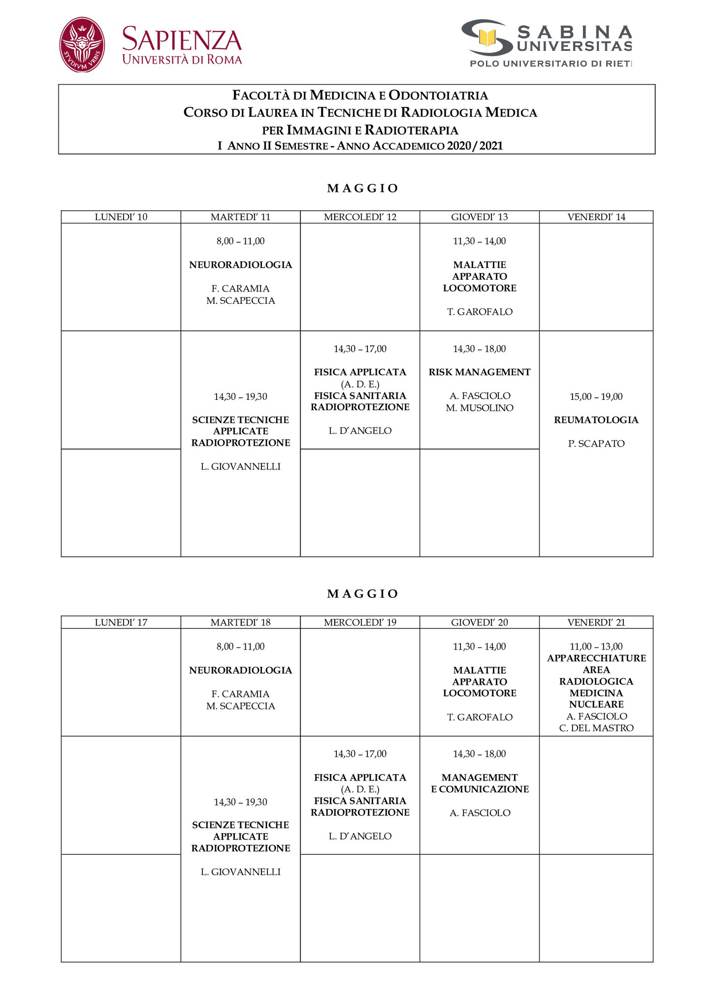 Tecniche di Radiologia Medica per Immagini e Radioterapia | Aggiornamento calendario lezioni 10/05/2021 al 4/06/2021