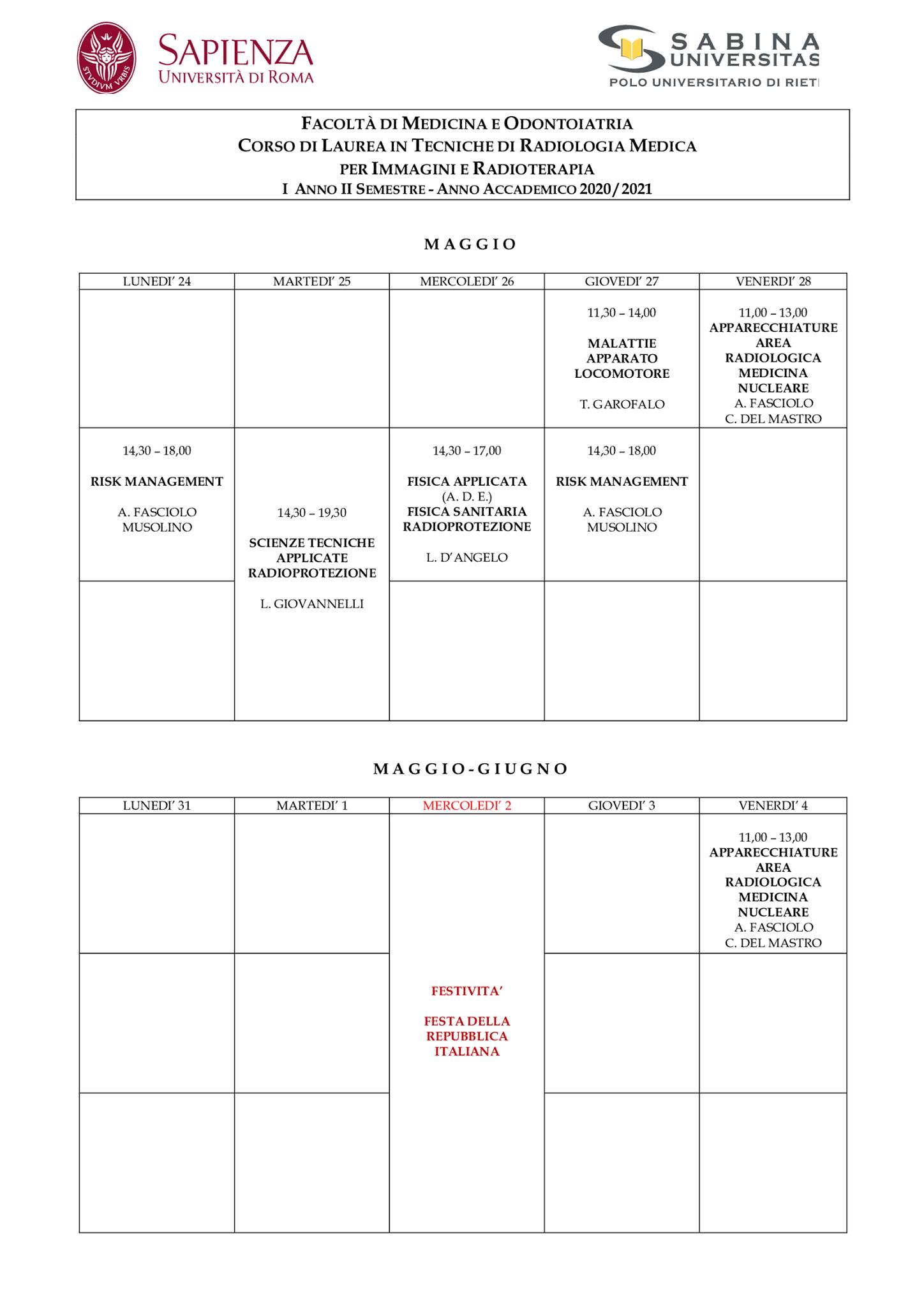 Tecniche di Radiologia Medica per Immagini e Radioterapia | Aggiornamento calendario lezioni 10/05/2021 al 4/06/2021