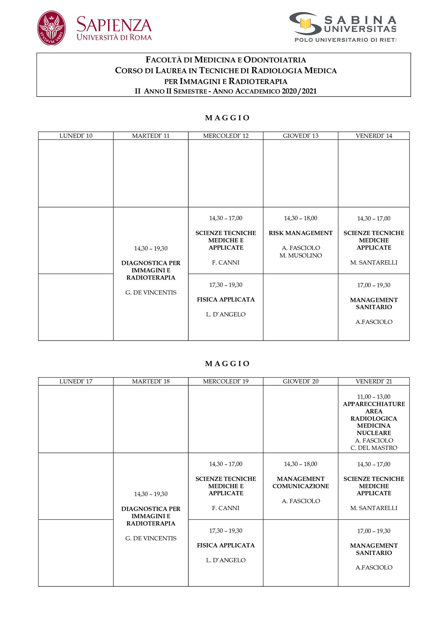 Tecniche di Radiologia Medica per Immagini e Radioterapia | Aggiornamento calendario lezioni 10/05/2021 al 4/06/2021