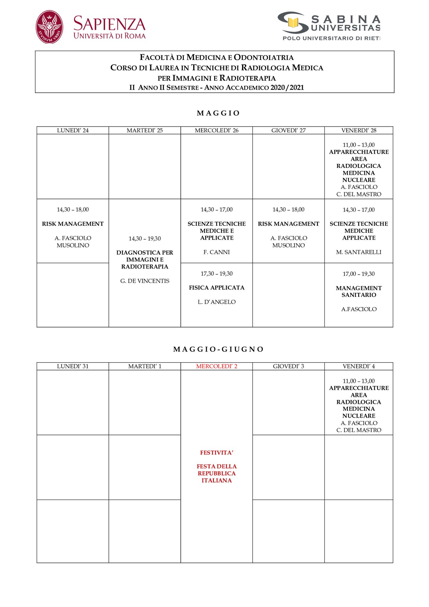Tecniche di Radiologia Medica per Immagini e Radioterapia | Aggiornamento calendario lezioni 10/05/2021 al 4/06/2021