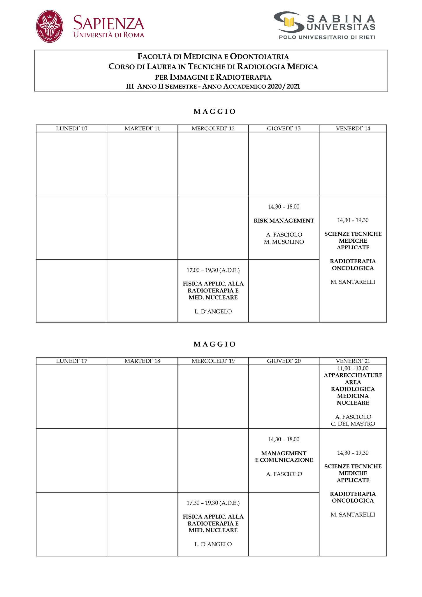 Tecniche di Radiologia Medica per Immagini e Radioterapia | Aggiornamento calendario lezioni 10/05/2021 al 4/06/2021