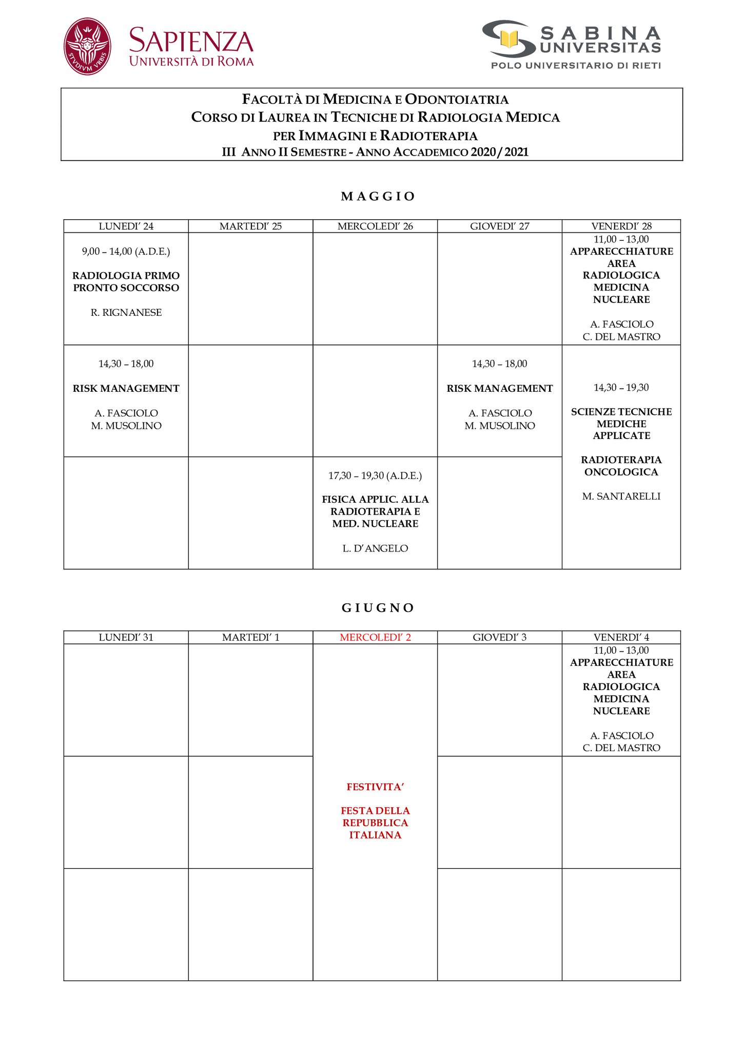 Tecniche di Radiologia Medica per Immagini e Radioterapia | Aggiornamento calendario lezioni 10/05/2021 al 4/06/2021