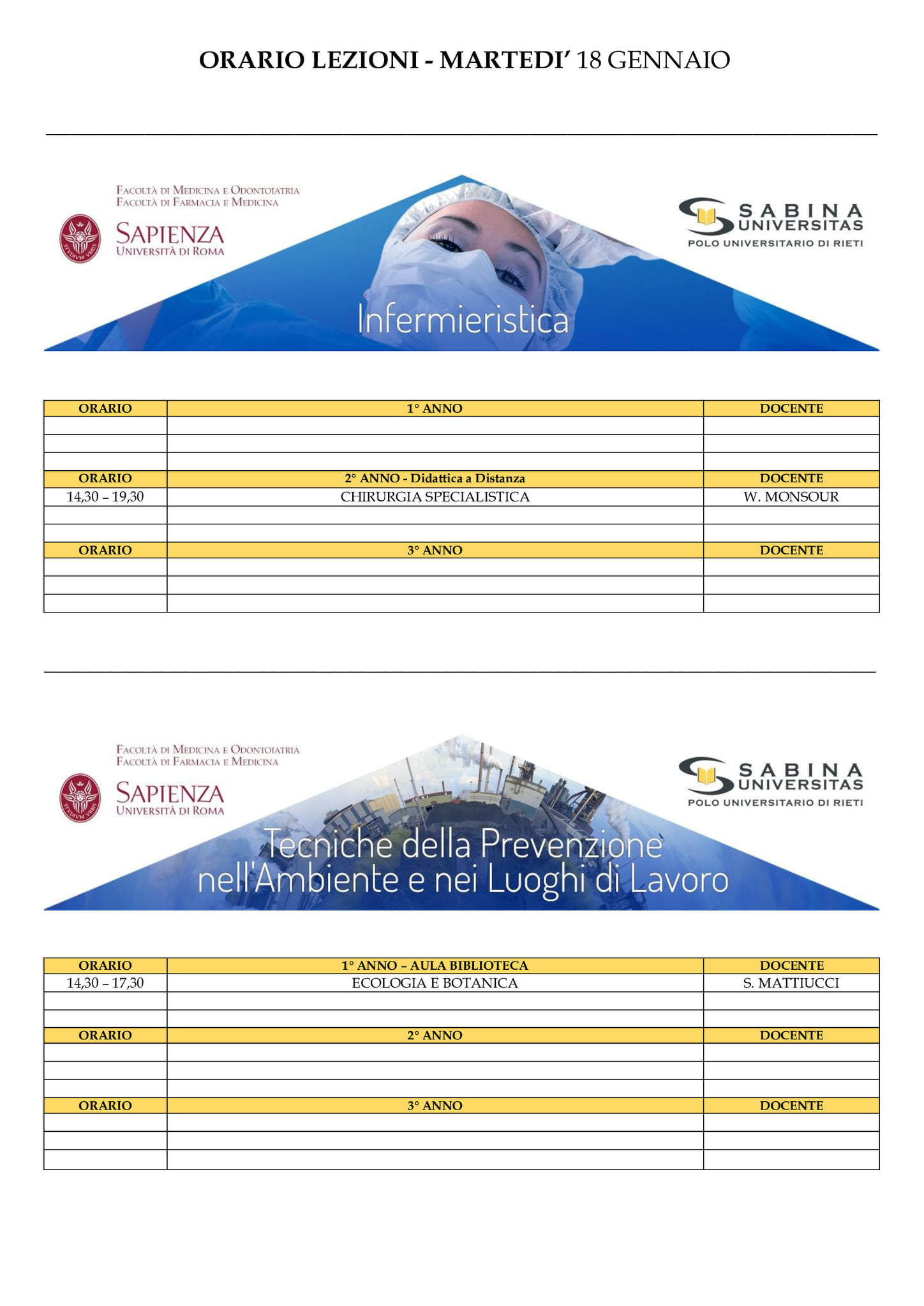 Professioni Sanitarie: orario lezioni di martedì 18 gennaio
