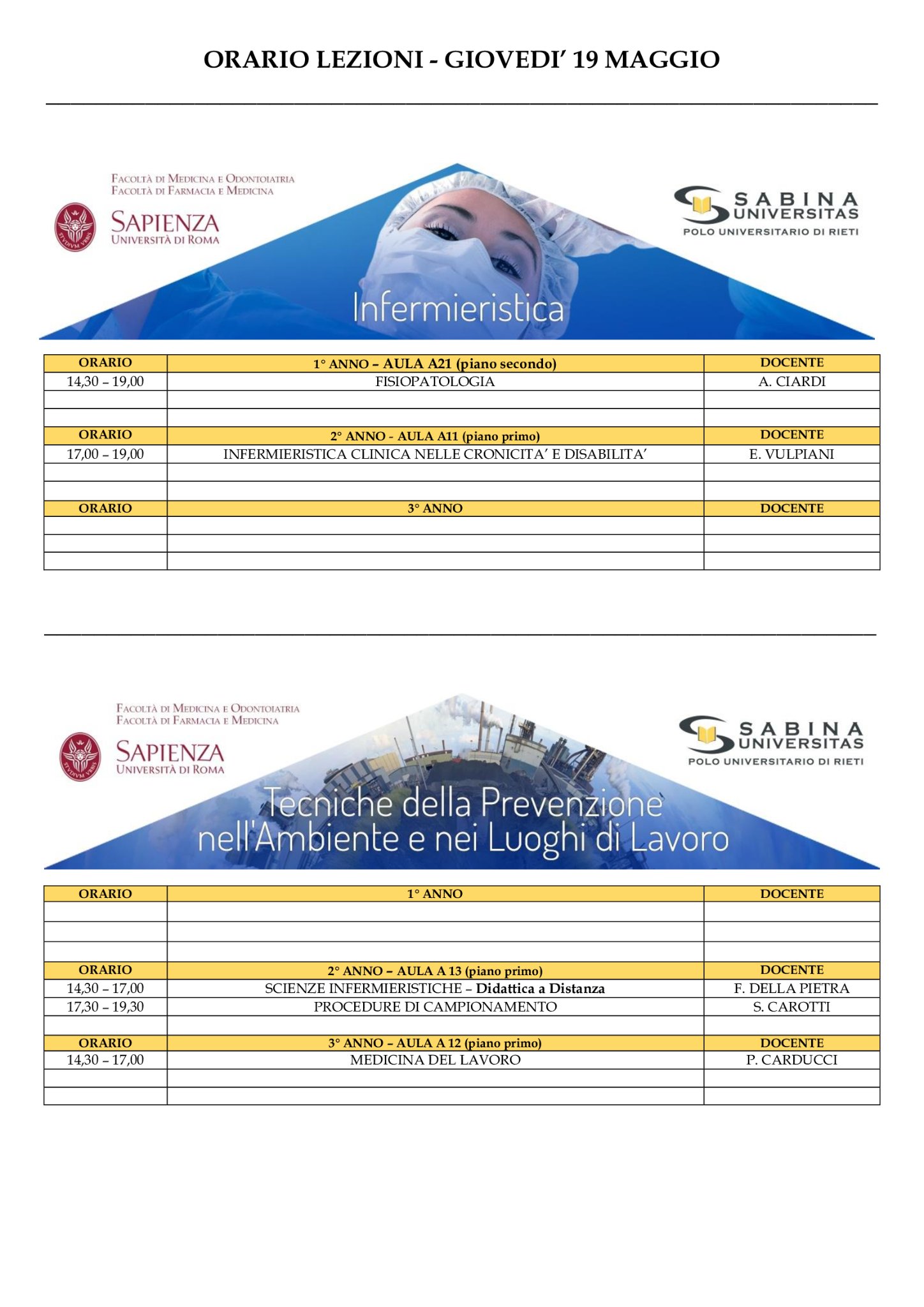 Professioni Sanitarie: orario lezioni di giovedì 19 maggio