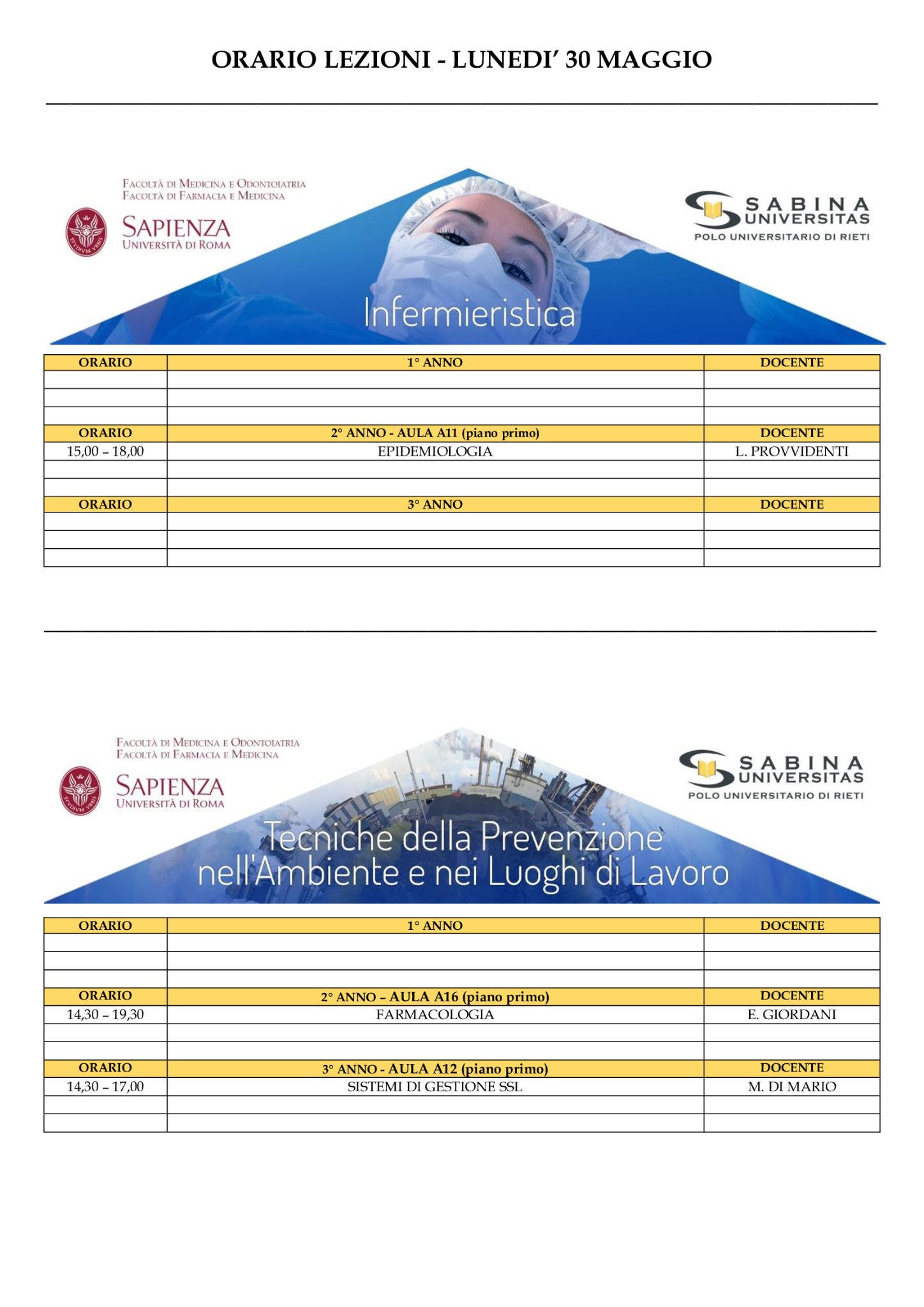 Professioni Sanitarie: orario lezioni di lunedì 30 maggio