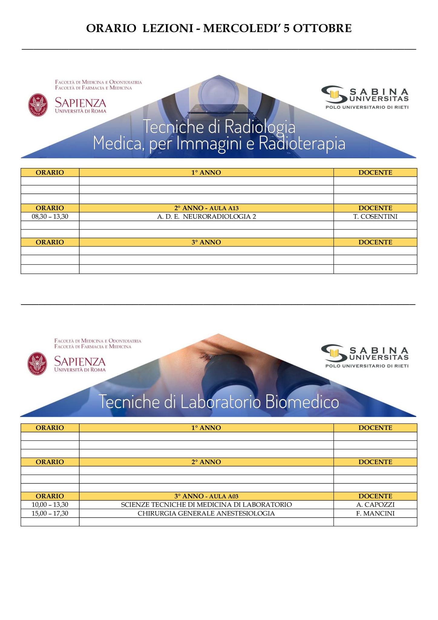 Professioni Sanitarie: orario lezioni di mercoledì 5 ottobre