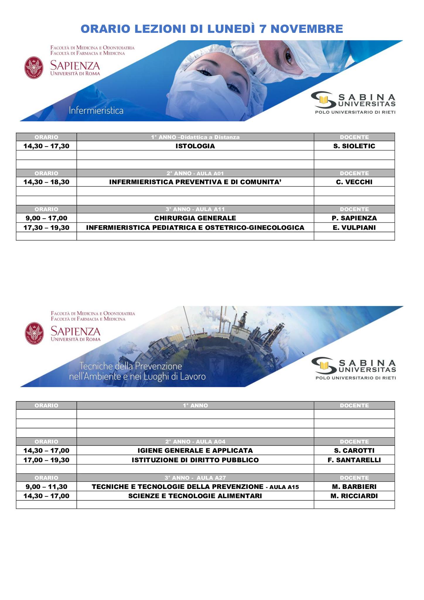 Professioni Sanitarie: orario lezioni di lunedì 7 novembre