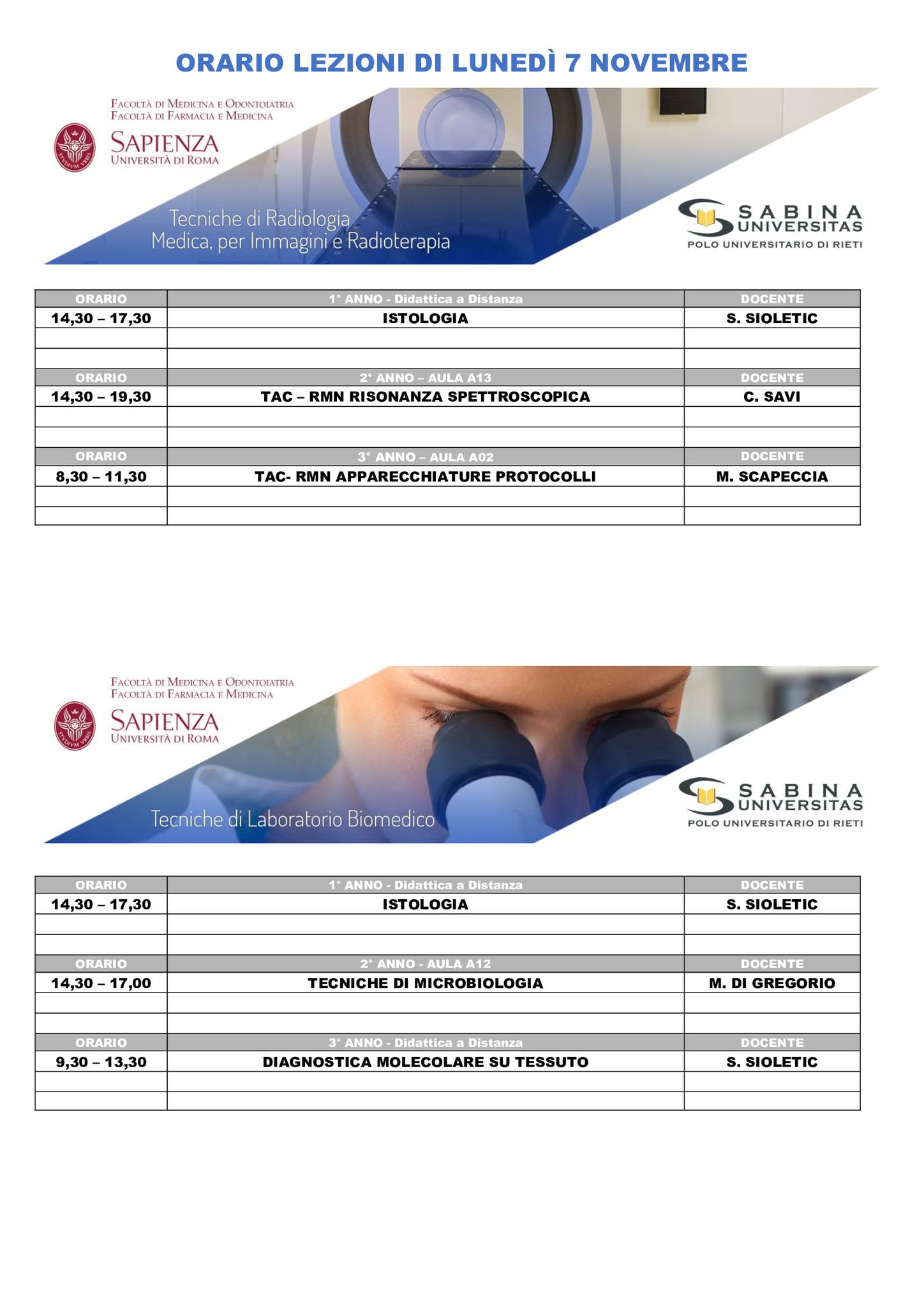 Professioni Sanitarie: orario lezioni di lunedì 7 novembre