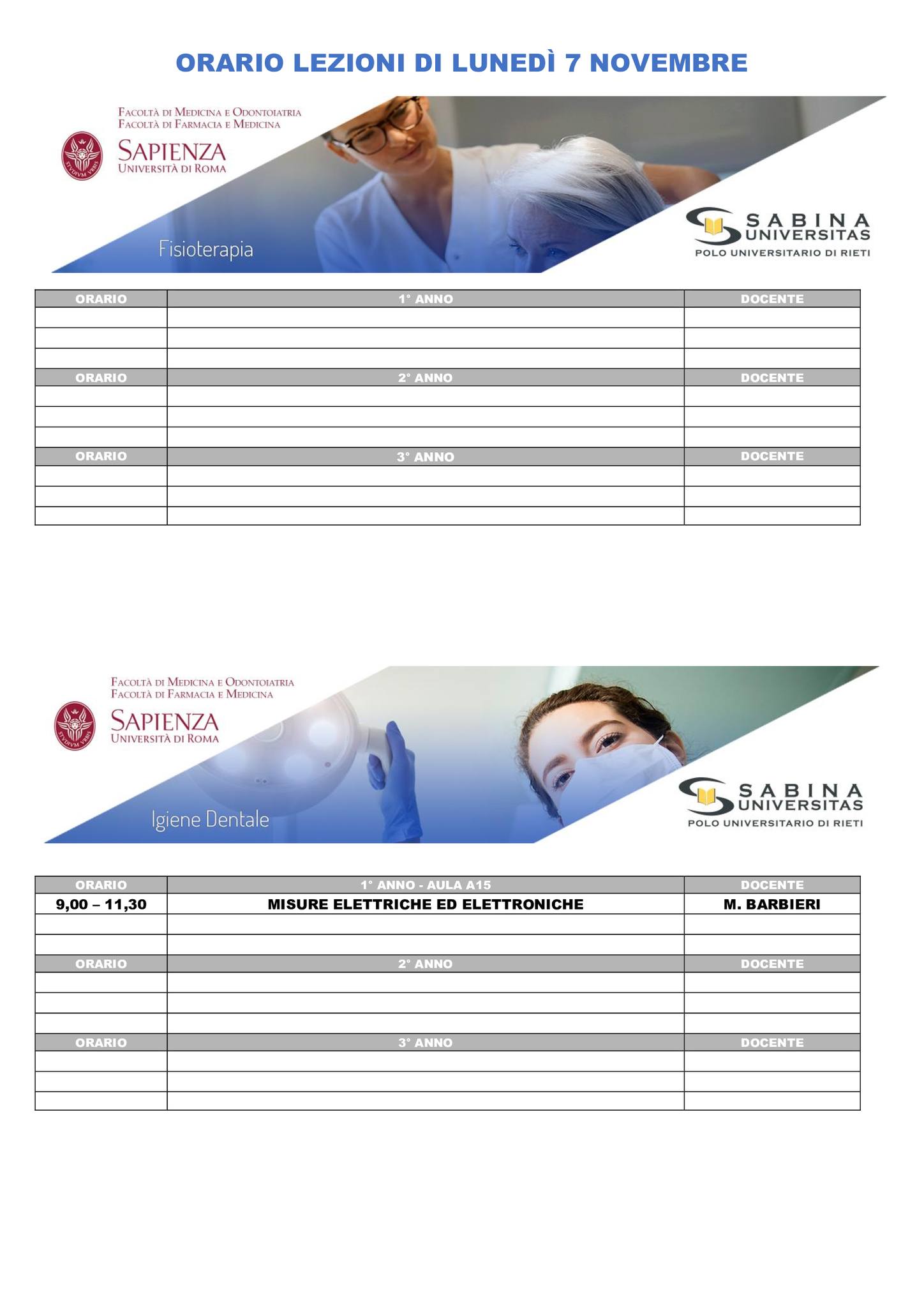 Professioni Sanitarie: orario lezioni di lunedì 7 novembre