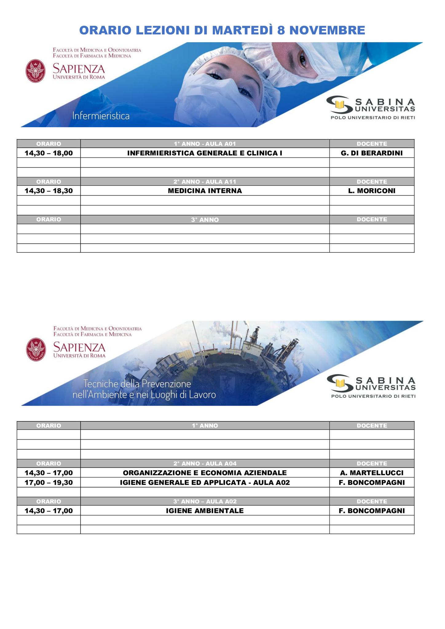 Professioni Sanitarie: orario lezioni di martedì 8 novembre