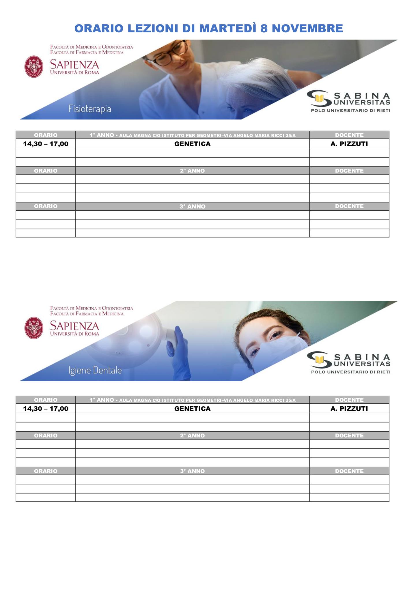 Professioni Sanitarie: orario lezioni di martedì 8 novembre