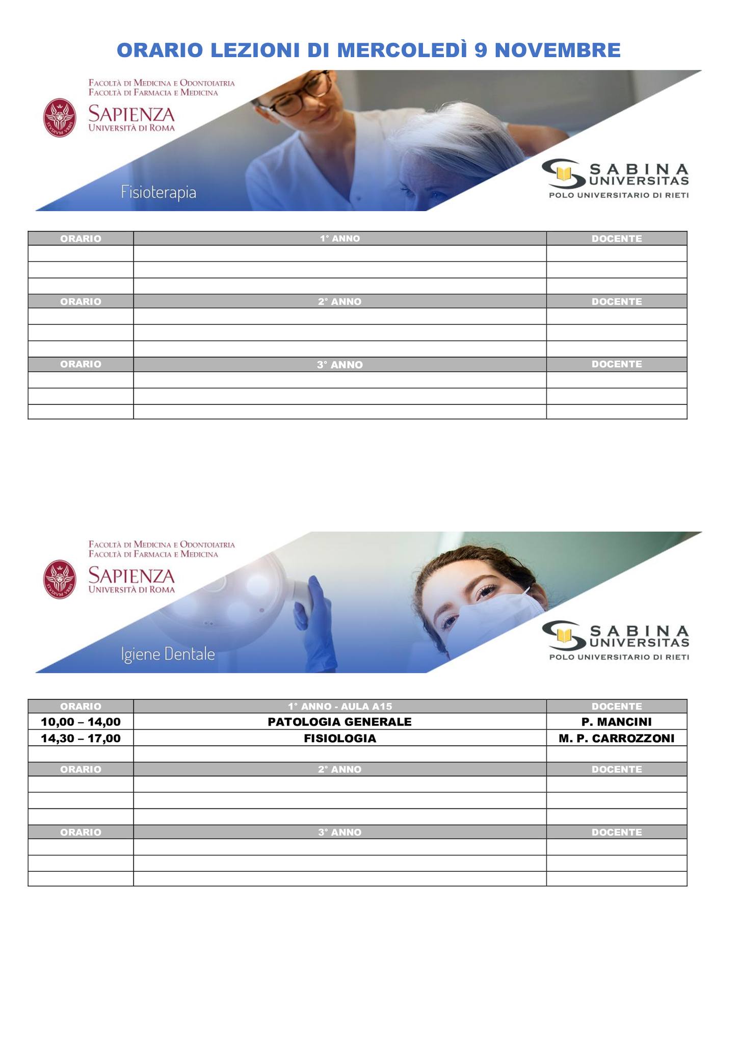 Professioni Sanitarie: orario lezioni di mercoledì 9 novembre