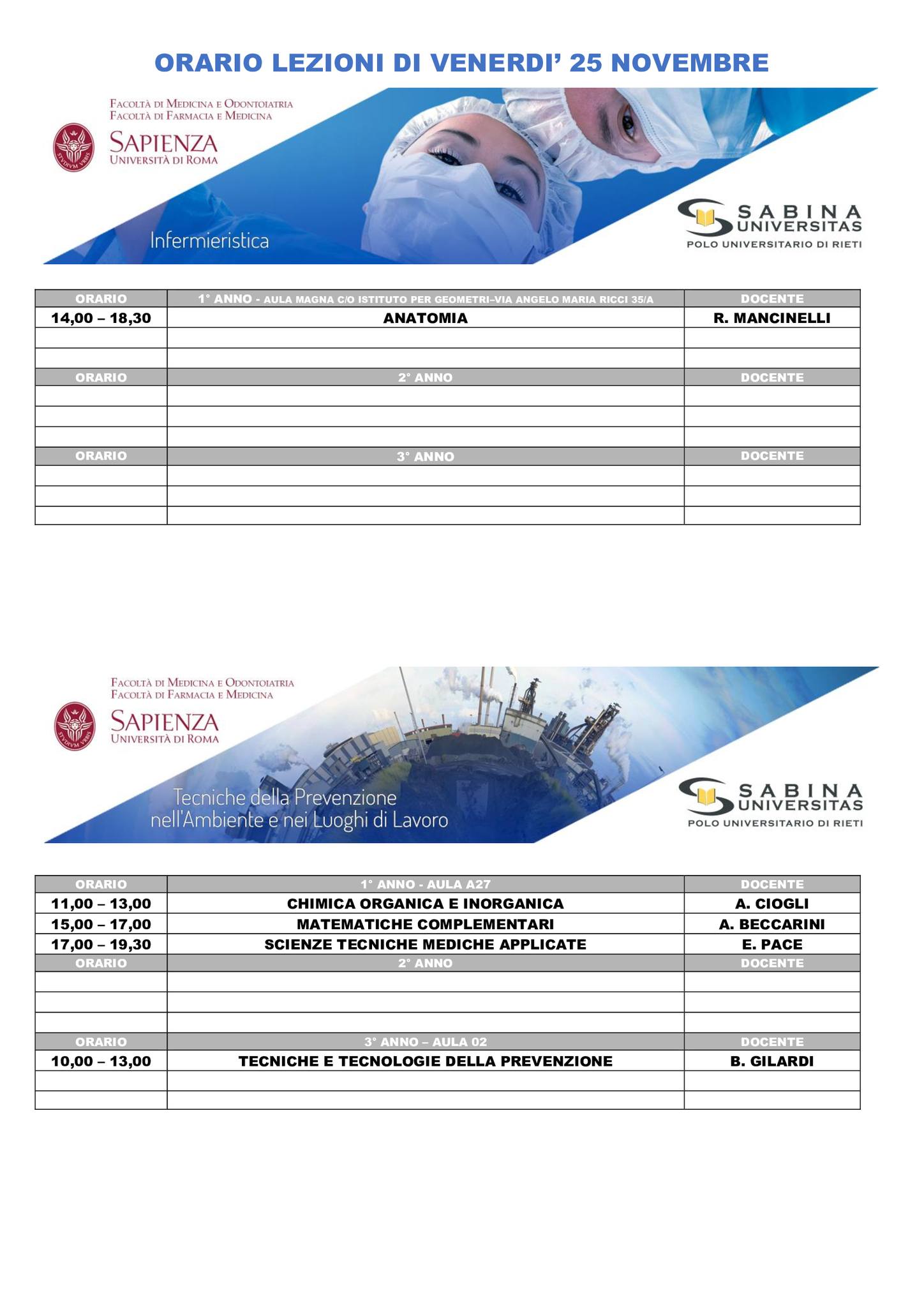 Professioni Sanitarie: orario lezioni di venerdì 25 novembre