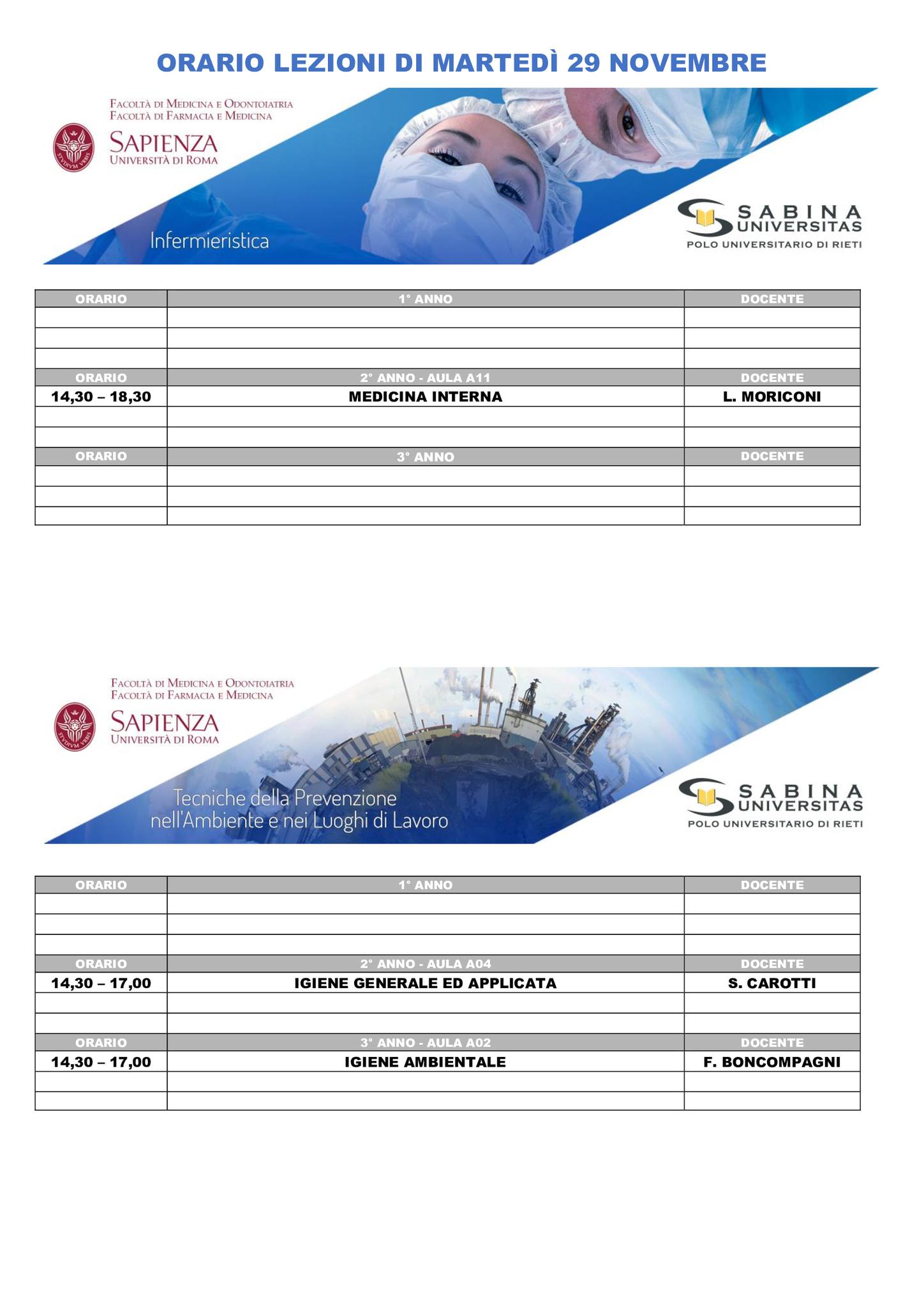 Professioni Sanitarie: orario lezioni di martedì 29 novembre