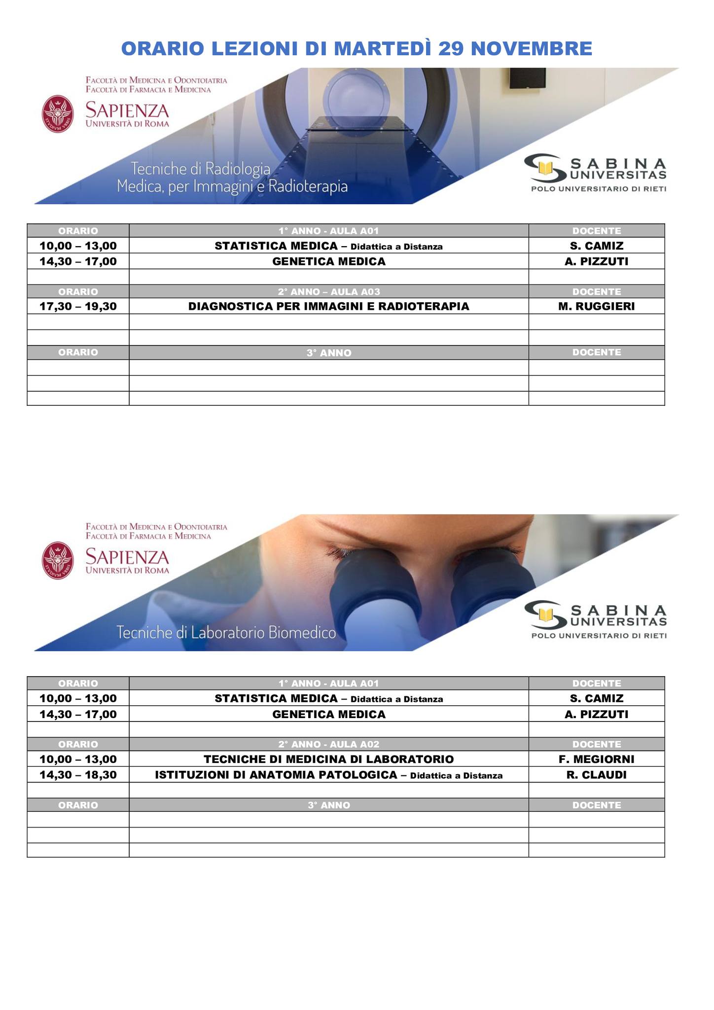 Professioni Sanitarie: orario lezioni di martedì 29 novembre