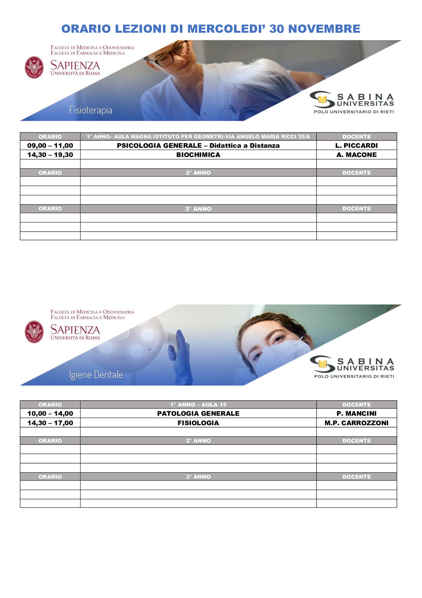 Professioni Sanitarie: orario lezioni di mercoledì 30 novembre