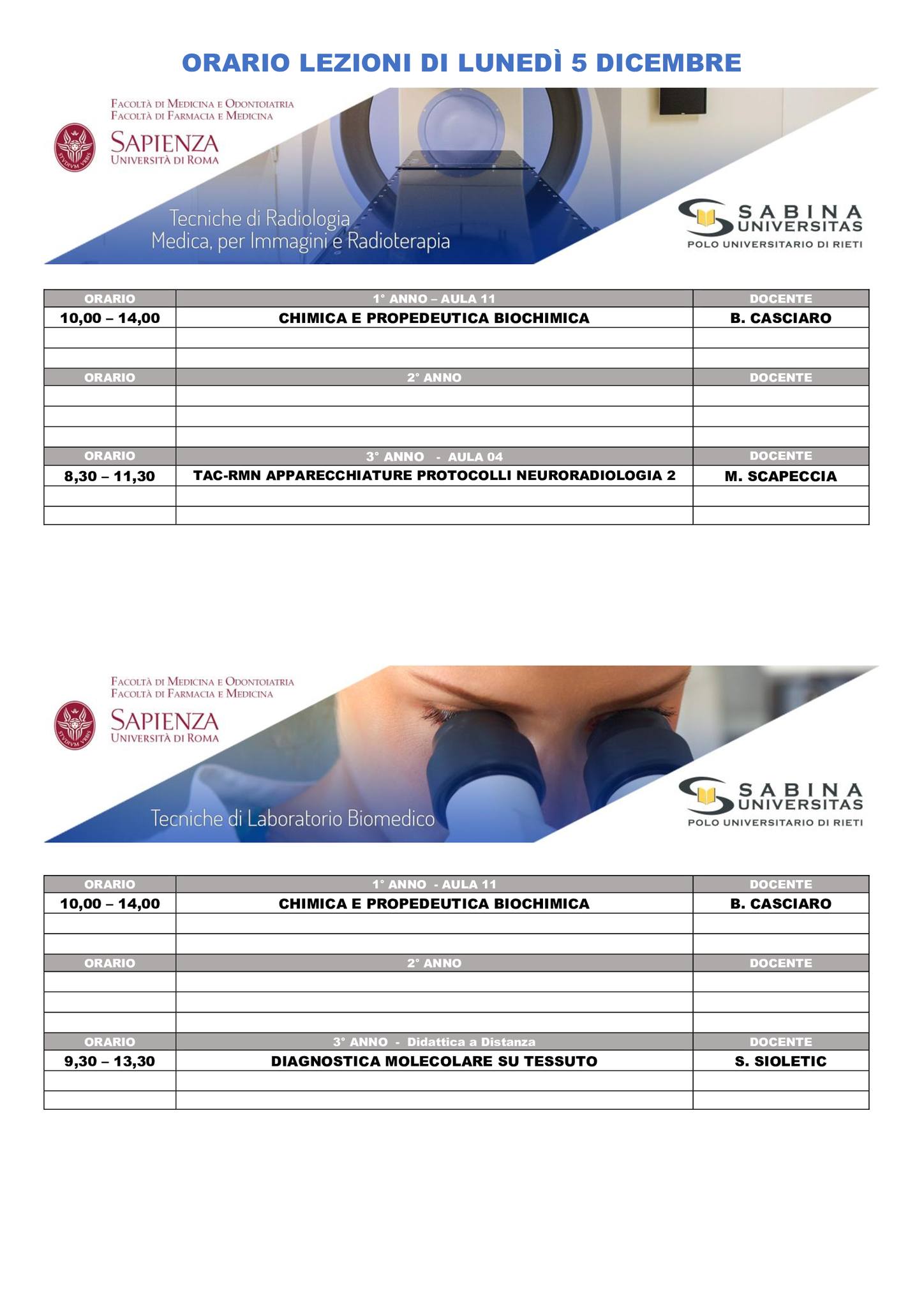 Professioni Sanitarie: orario lezioni di lunedì 5 dicembre