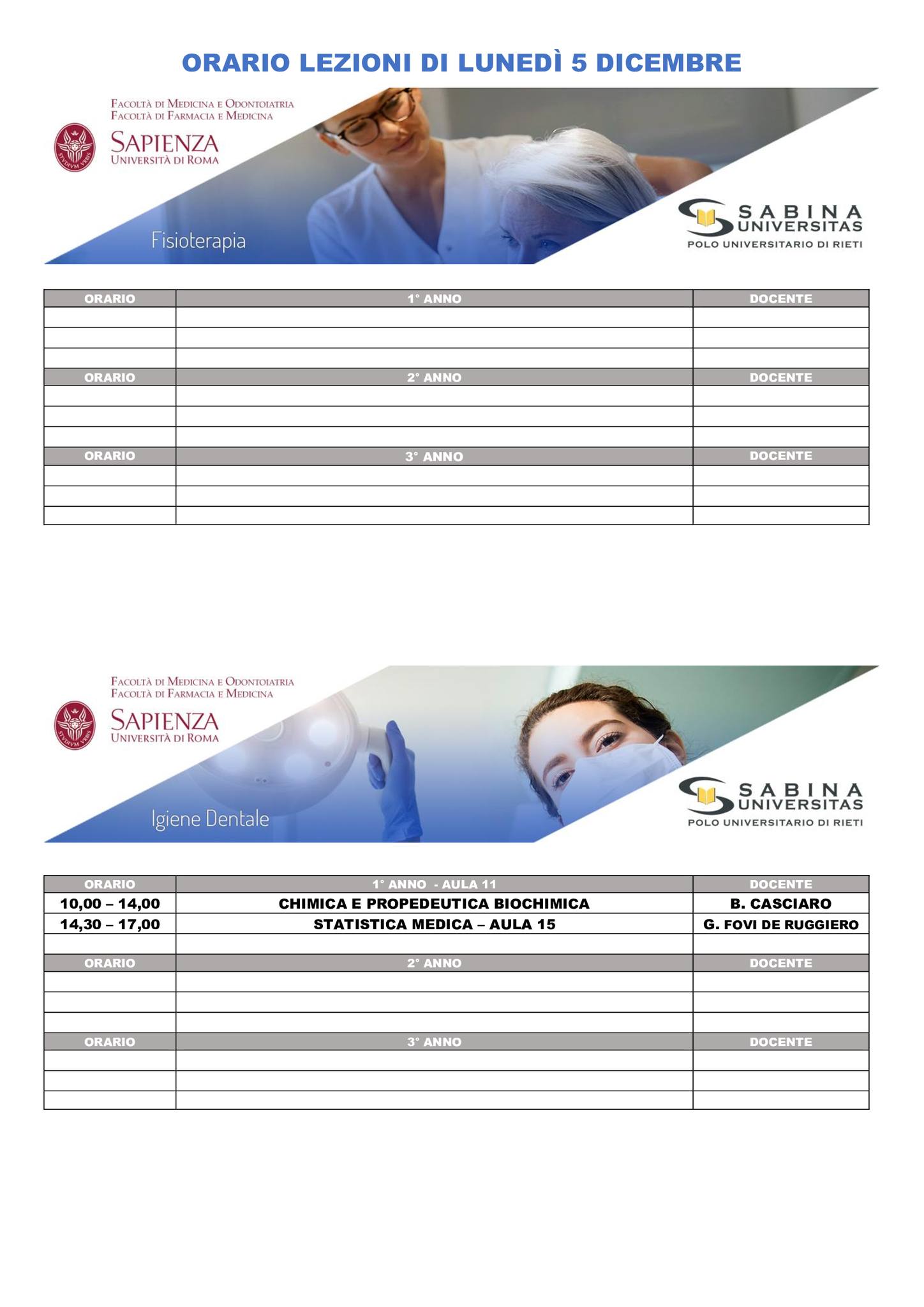 Professioni Sanitarie: orario lezioni di lunedì 5 dicembre