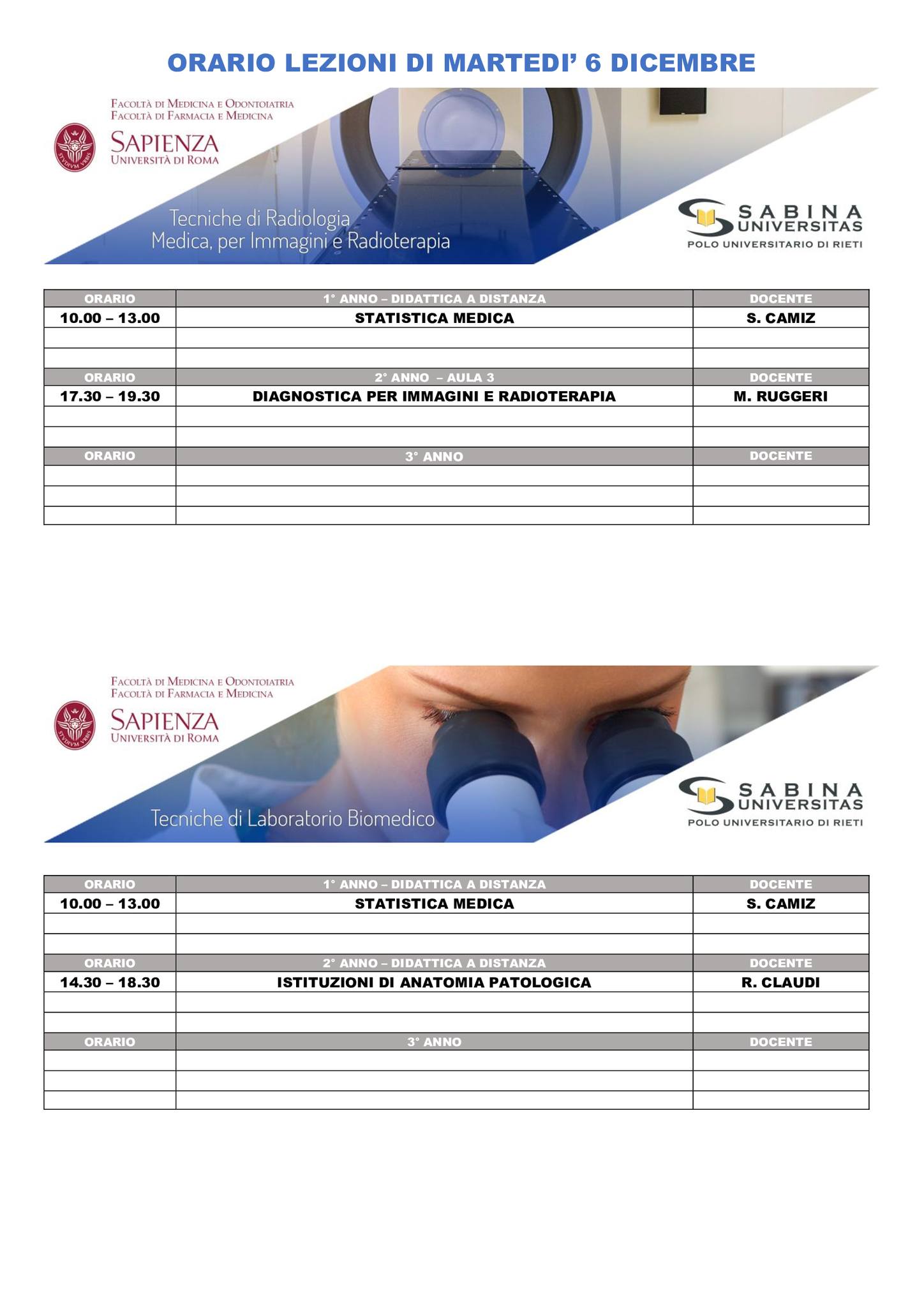 Professioni Sanitarie: orario lezioni di martedì 6 dicembre