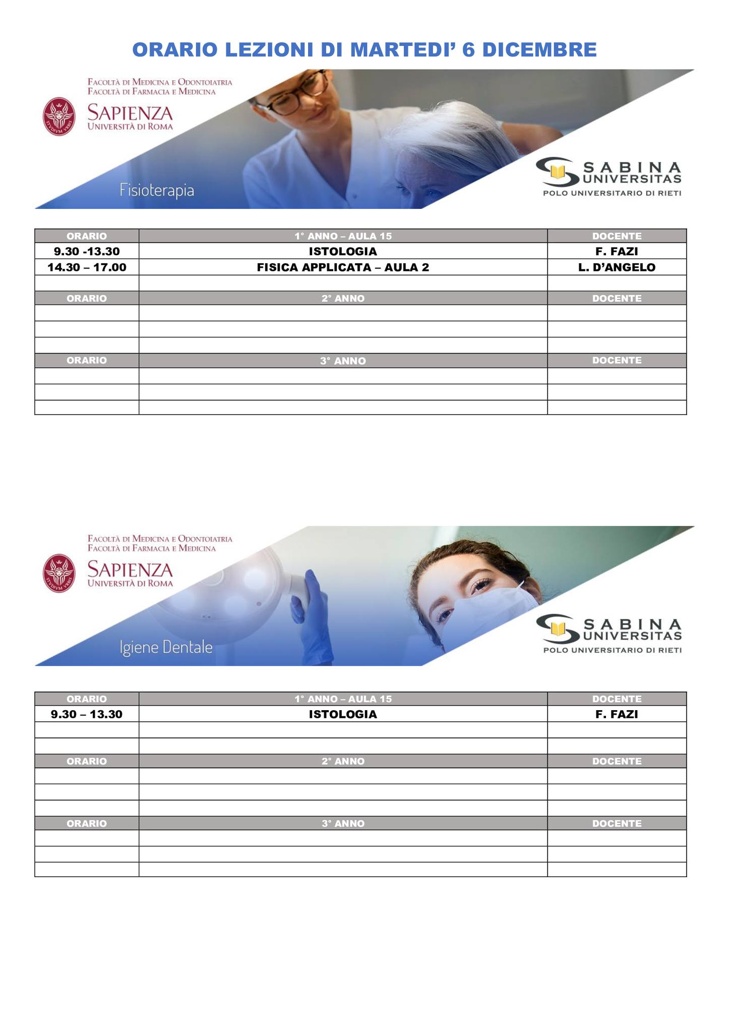 Professioni Sanitarie: orario lezioni di martedì 6 dicembre